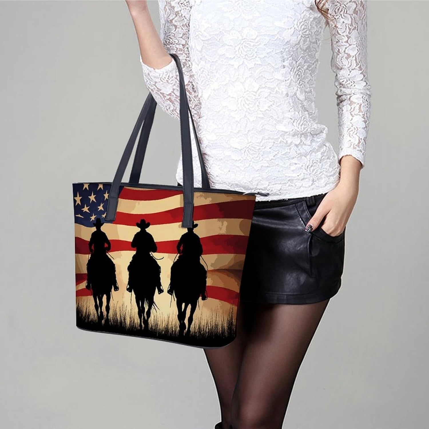 U.S Flag Riding Horse Womens Handbag Leather Tote Bag Shoulder Bag for Office Travel