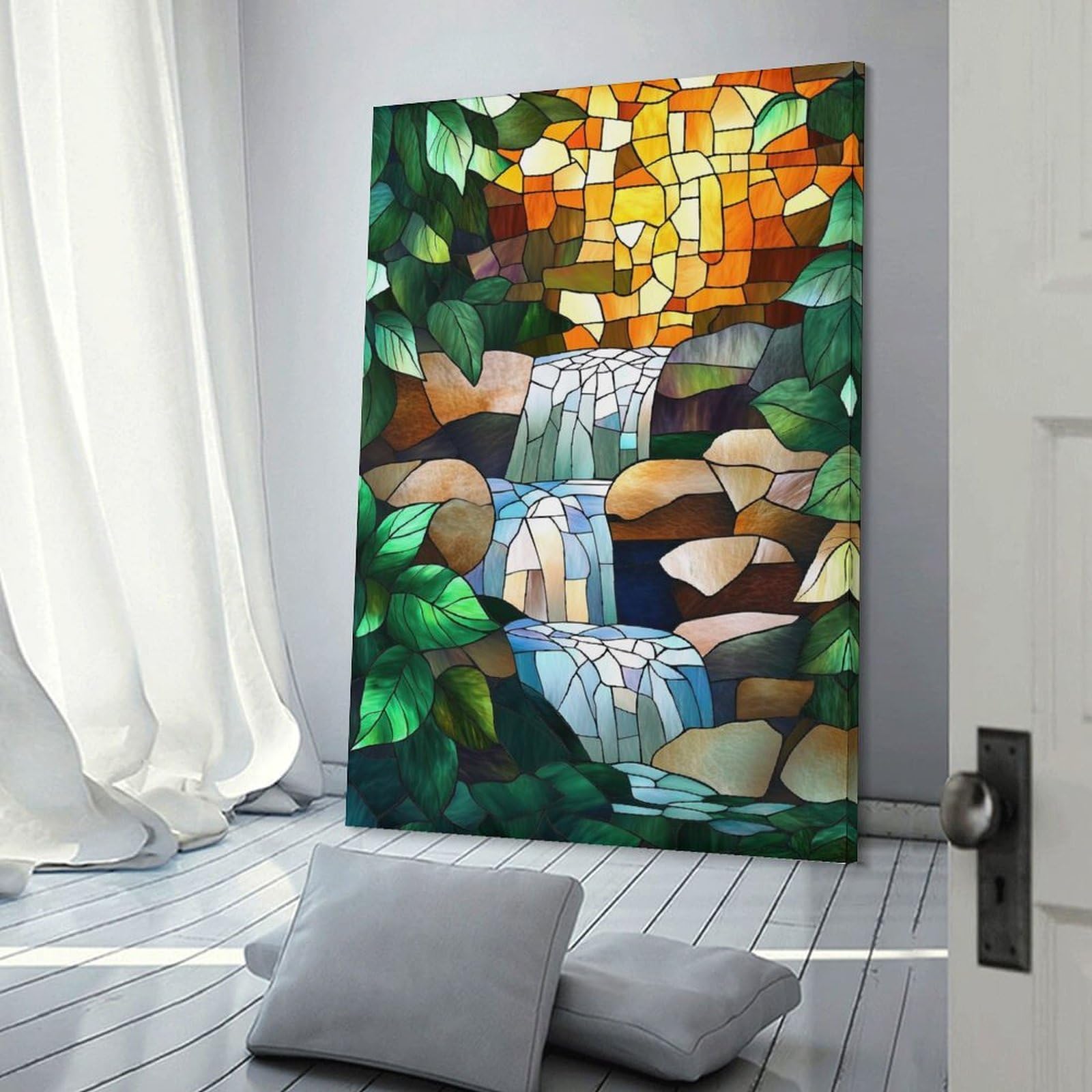Junmoney Stained Glass Waterfall Wall Art Print, 08x12inch(20x30cm), for Front Hall, Corridor Or Welcome Spaces, Wall Decor to Refresh Empty Corners