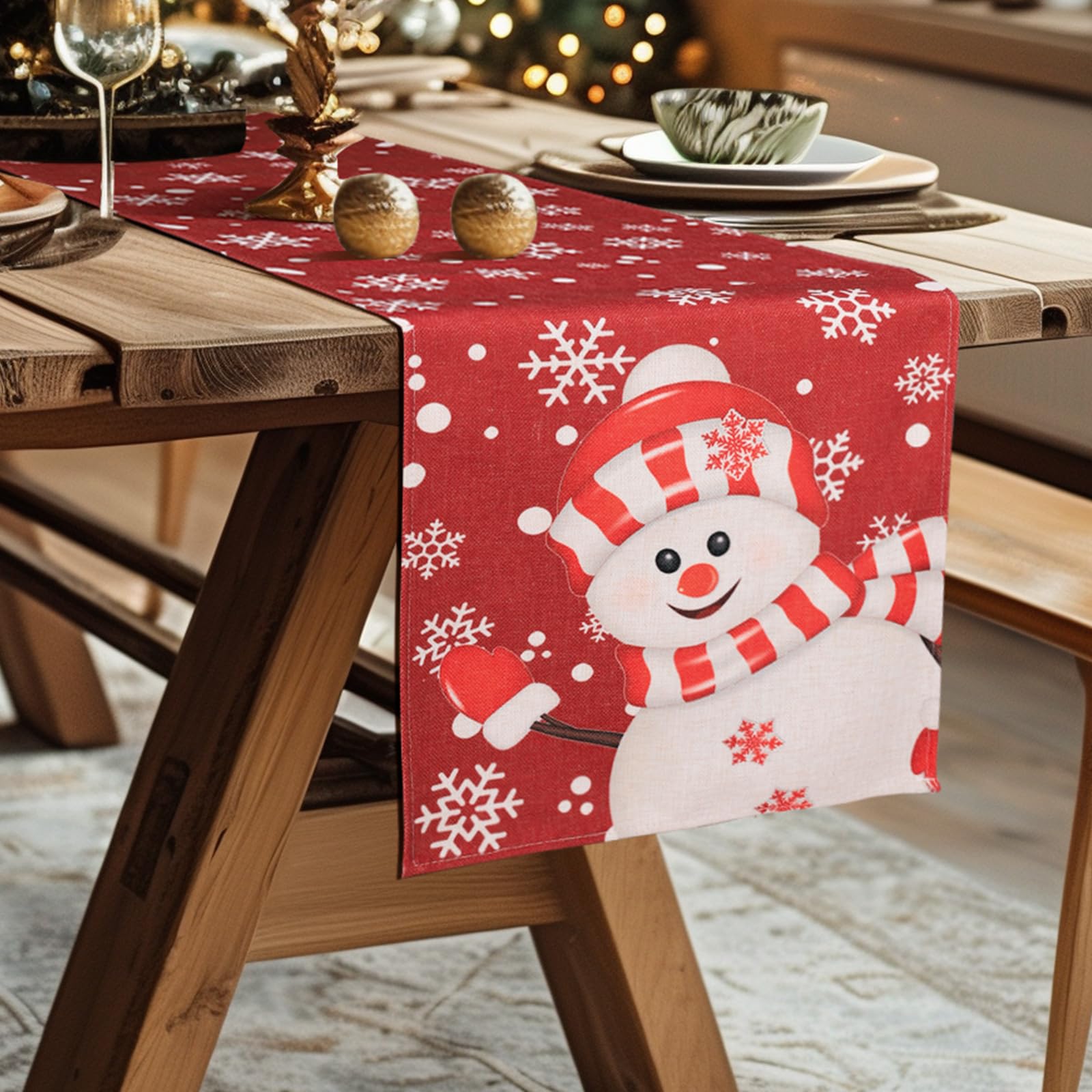 Camino de Mesa de Navidad 35x180cm,Traves de Mesa en Navidad para Decorar la Mesa de la Cocina,Adornos para Fiestas de Navidad - Hombre de Nieve y Copo de Nieve sobre Fondo Rojo