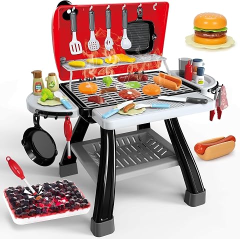Kids Play Kitchen Toys, BBQ Grill Playset with Smoke, Sound & Light, 73-Piece Ou