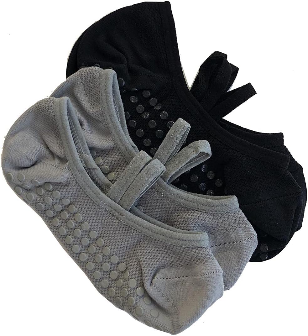 Great Soles Ballet Non Skid Socks for Women - Non Slip Grip Yoga Socks for Pilates, Barre and Everyday Wear (Black Mesh & Grey 2 Pack)