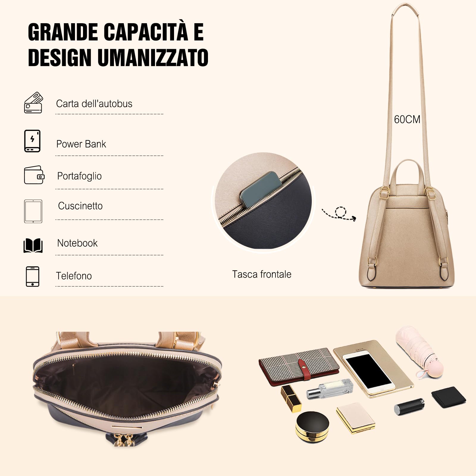 FANDARE 4 pezzi Set Nappa Borsa a Mano con Pochette e Clutch Borse a tracolla Portafoglio Zaino Donna Zaini PU Pelle Spalla Borse Tote Pochette Messenger per Shopping Viaggio Sacchetto Borsetta