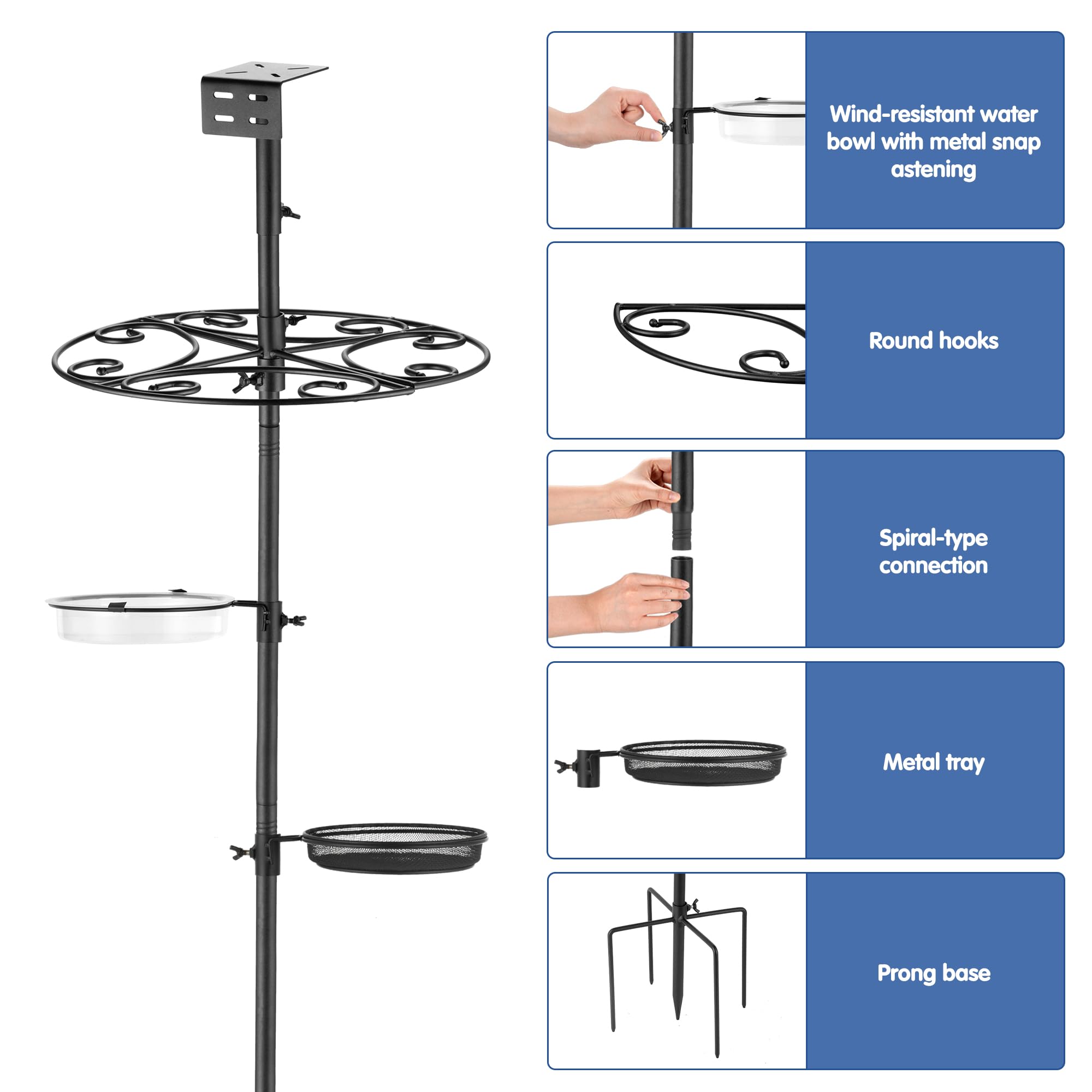 MIXXIDEA Vogelfutterstation, Vogelfutterstange mit 5-Zinken-Basis, Haken zum Aufhängen, Wasserbad, Netzschale, windabweisender Wassernapf mit Metall-Druckknopfverschluss für den Außenbereich, um Vögel
