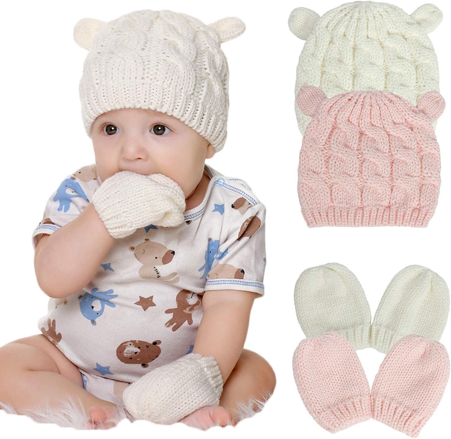 Newborn Winter Beanie for Baby Girls Boys, with Infant Toddlers Warm Knitted Hat Gloves (0-6 Months, White and Gray)
