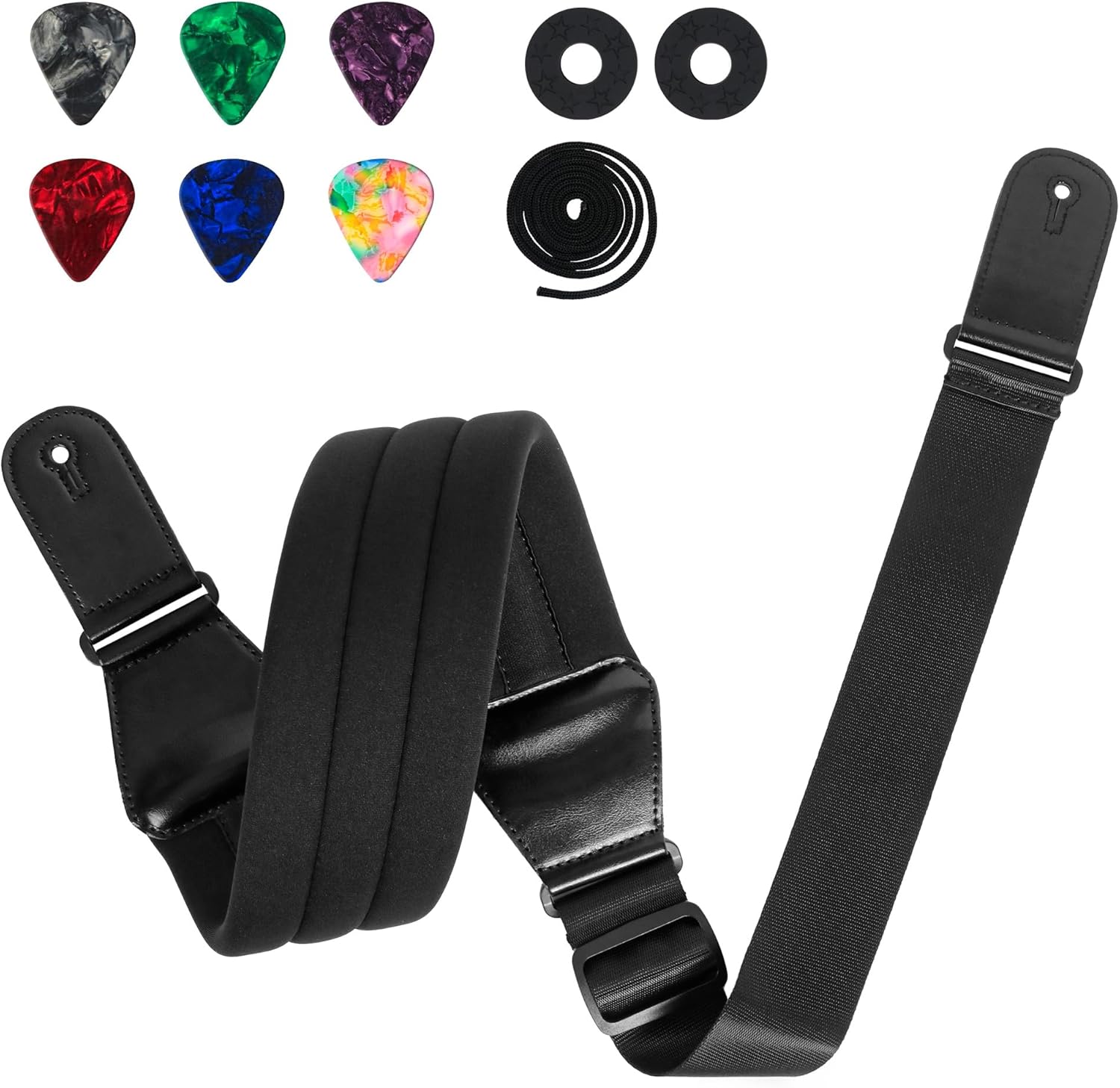 Wide Padded Guitar Strap Adjustable 45-55" for Electric Acoustic Bass, Comfortable Non Slip Strap with Locks Picks