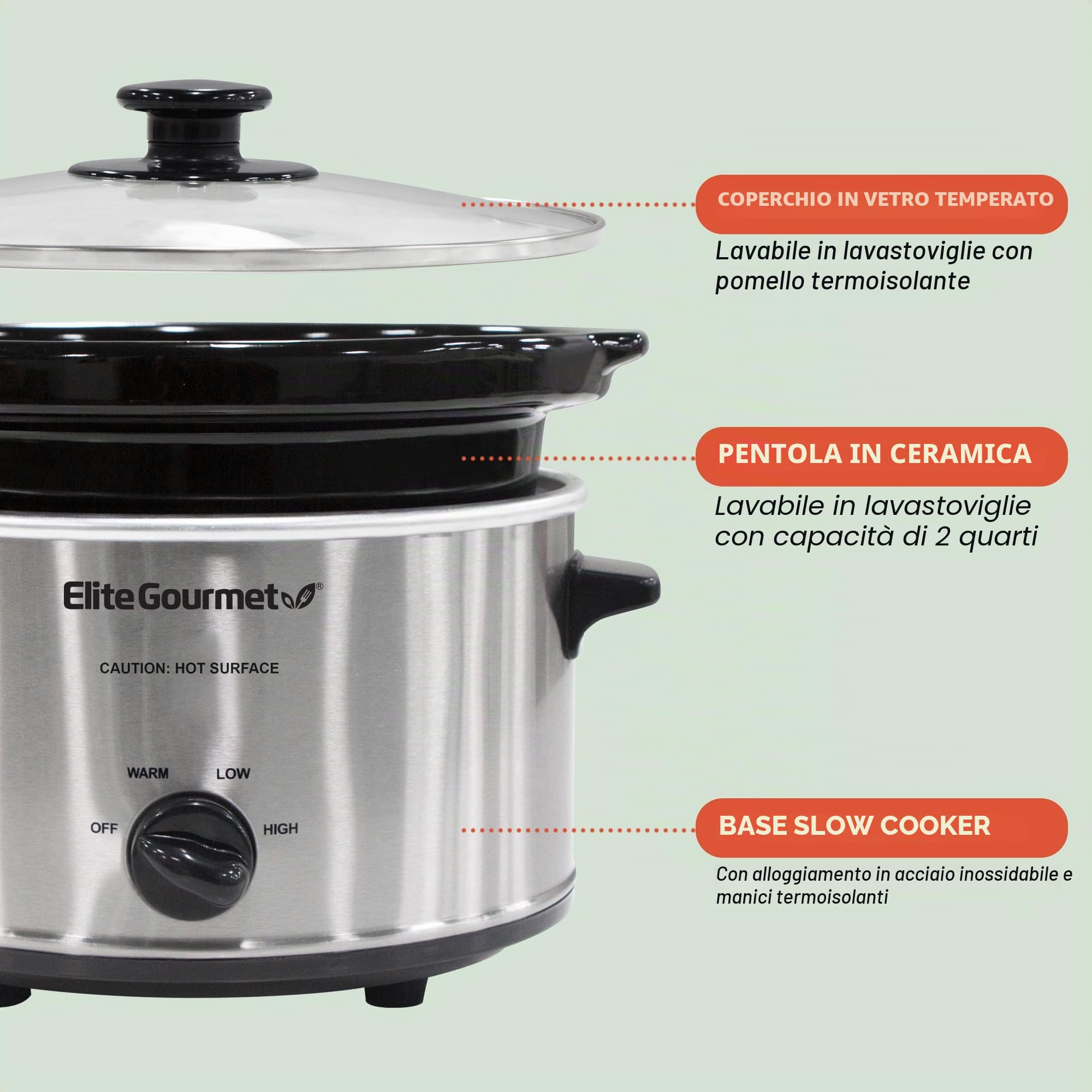 Elite Gourmet MST-275XS - Casseruola elettrica ovale, temperatura regolabile, antipasti, salse, stufati e salse, coperchio in vetro e pentola lavabili in lavastoviglie, 2,27 l, in acciaio inox