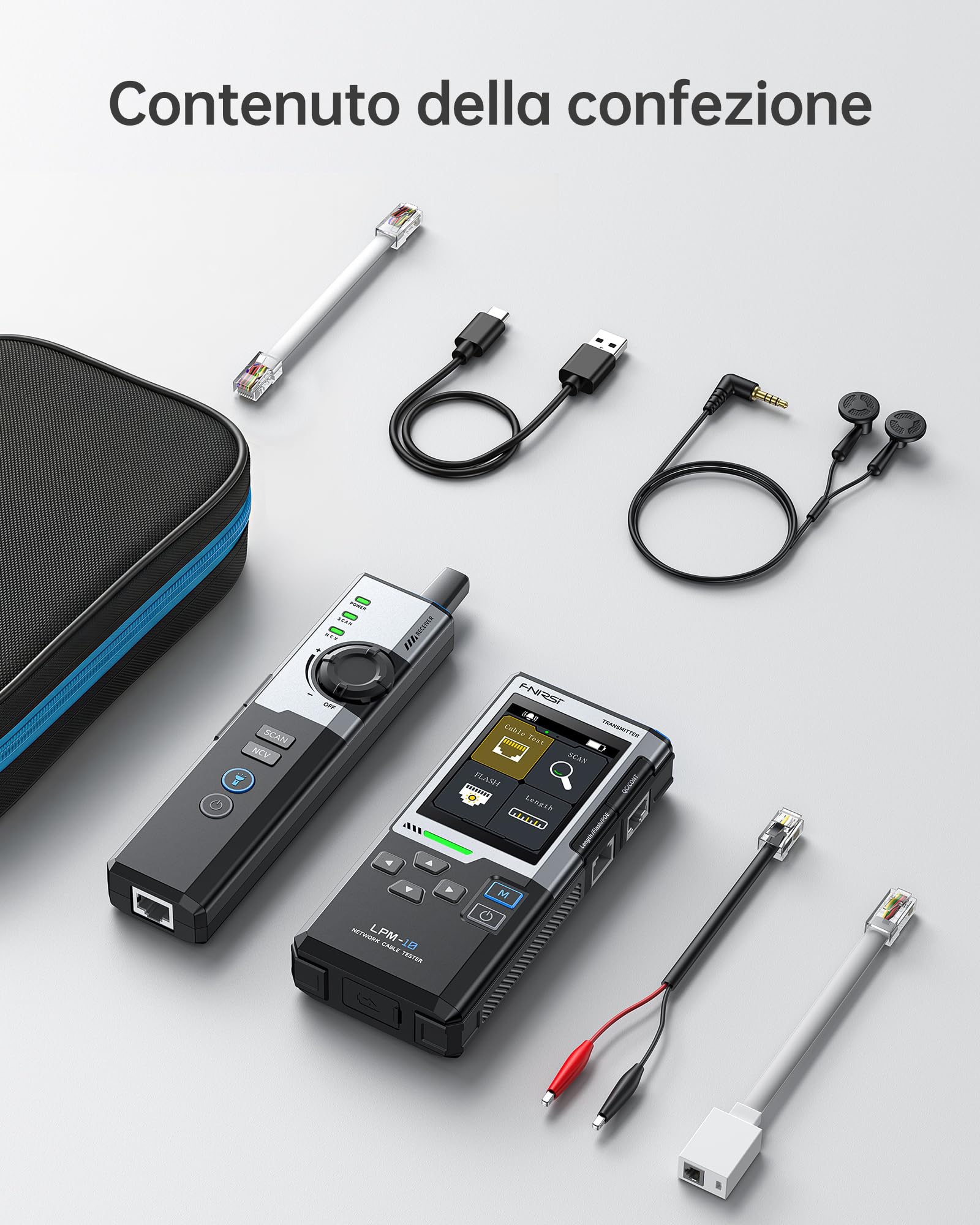 FNIRSI LPM-10A Testeur Câble RJ45, Tester Cavo Ethernet CAT5 CAT6 RJ11, Tracciatore Cavi e Toner di Rete, Test PoE/NCV/Lunghezza, Tester Rete Ricaricabile