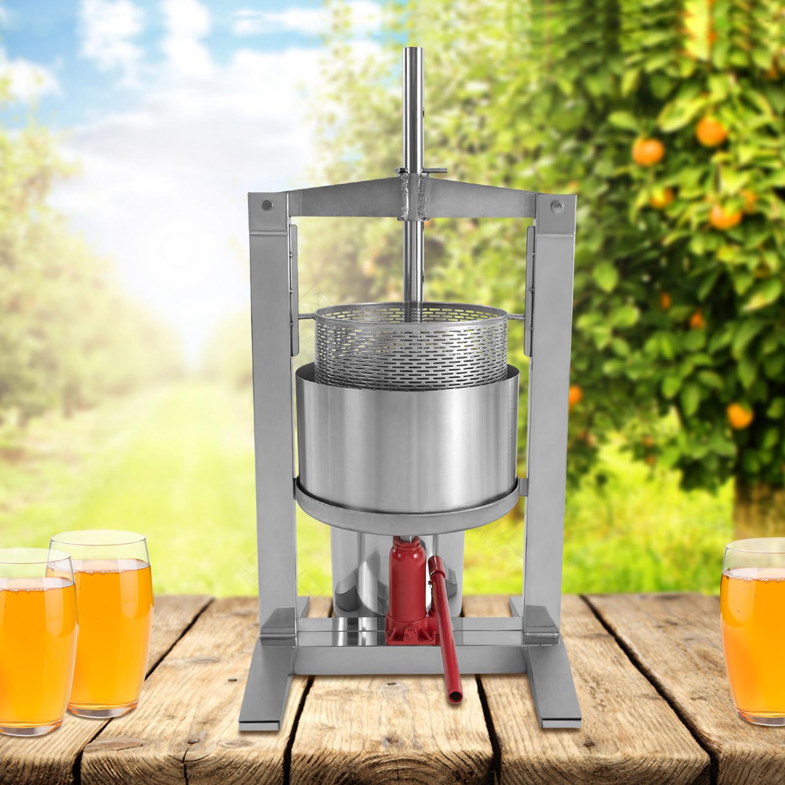 20 L/5.28 Gal Fruit Wine Press Machine, Commercial Stainless Steel Manual Barrels Press Machine with Hydraulic Jack and Leaky Bucket & Splash-proof Bucket for Grapes Citrus and Oranges Press