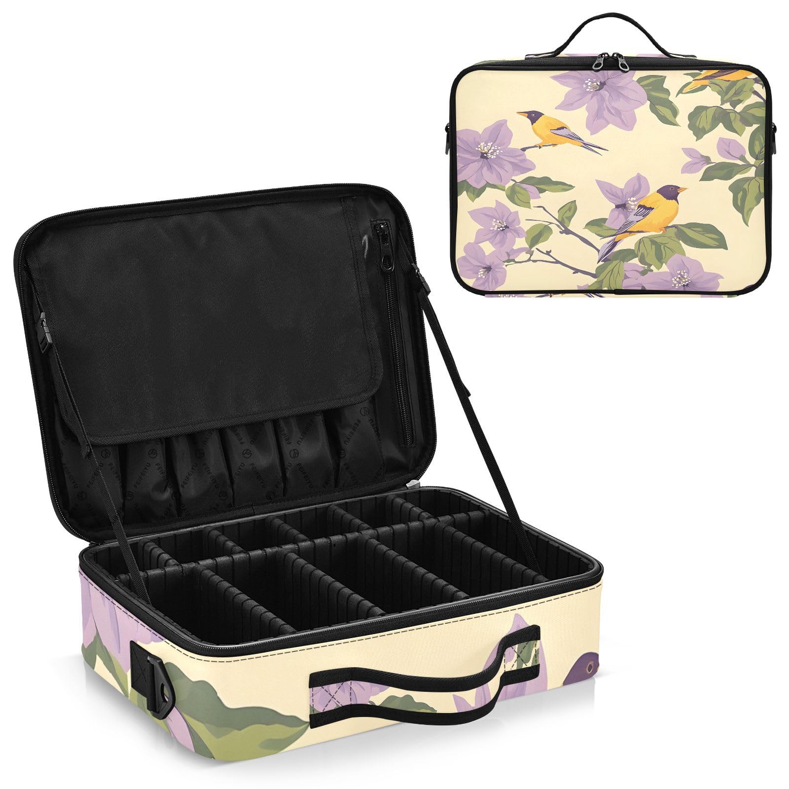 zyrtty Travel Makeup Train Case Purple Flower Bird Pattern Cosmetic Organizer Portable Storage Bag with Adjustable Dividers for Cosmetics Brushes Toiletry Jewelry Digital Accessories