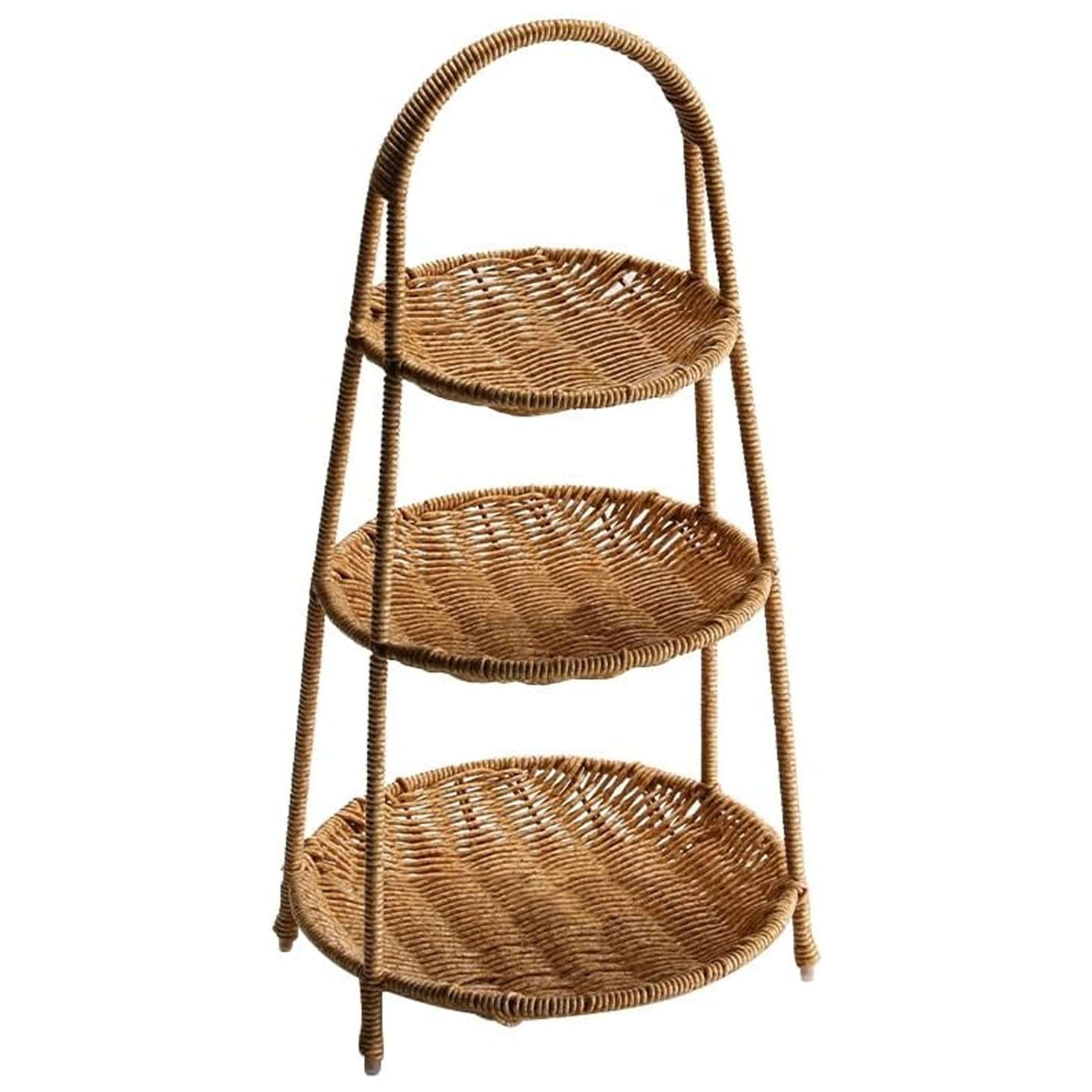 Awnsimfreien Khaki Tiered Tray, 3 Tier Serving Tray, Natural Rattan Tiered Dessert Stand For Fruits, Snacks & Tea, Round Portable Cupcake Tower Serving