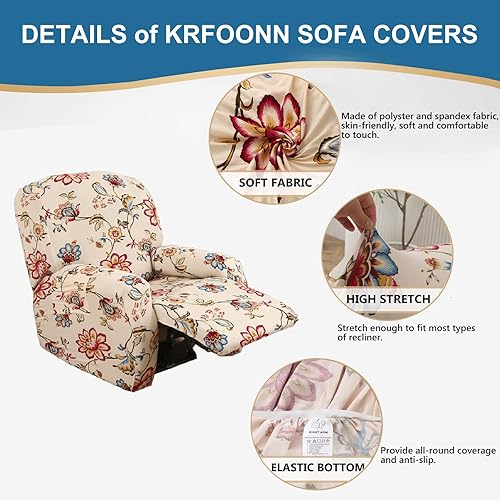 Miniatura 3 de KRFOONN Lazyboy - Fundas elásticas para sofá reclinable de 4 piezas, fundas antideslizantes para sillas reclinables con bolsillos de almacenamiento,