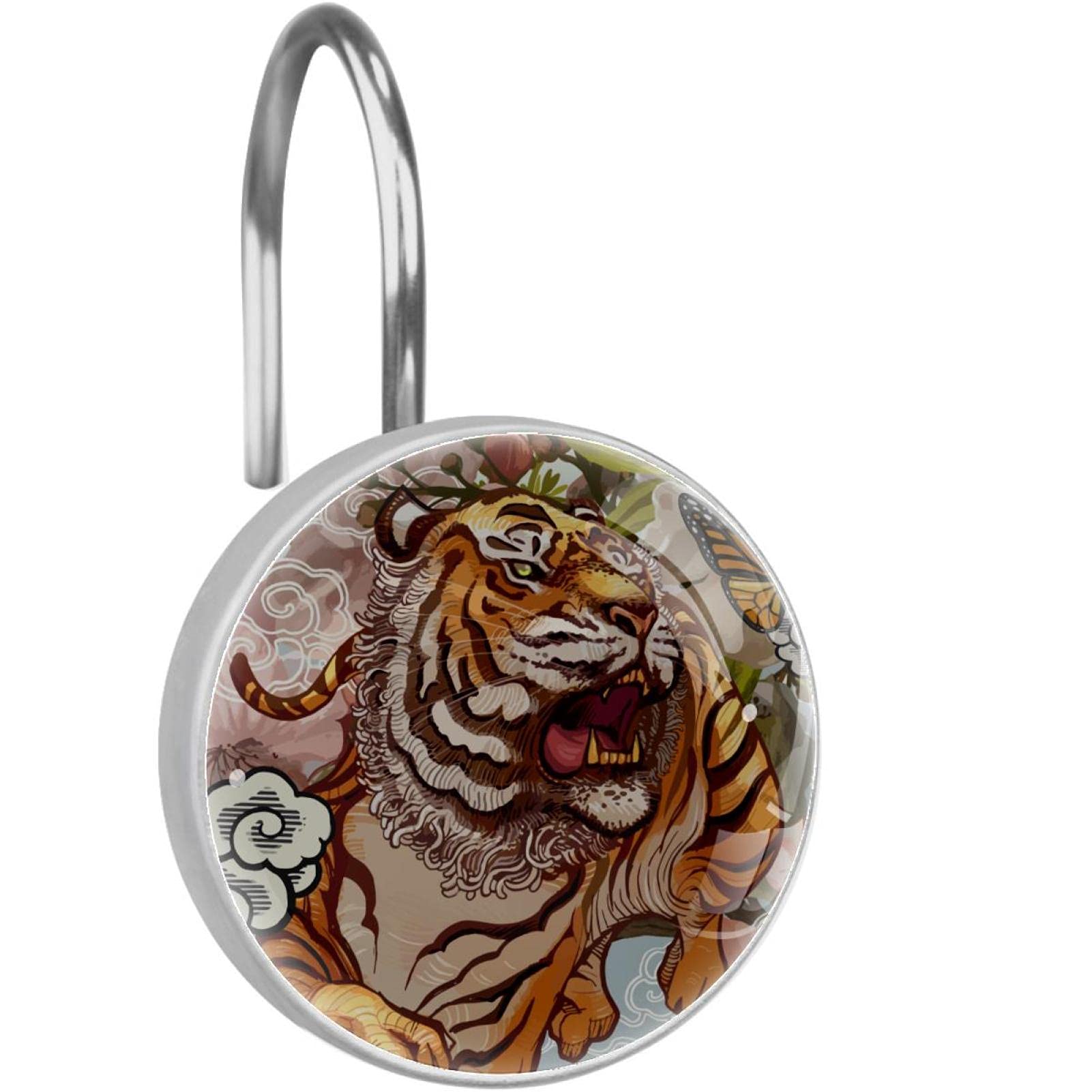 Crochets de rideau de douche anti-rouille en acier inoxydable motif tigre et papillon