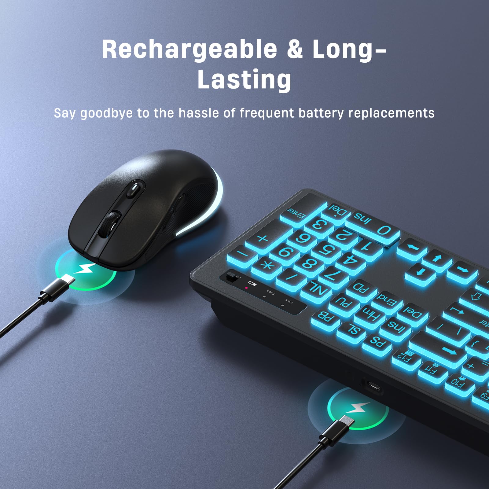 Teclado y mouse inalámbricos de impresión grande, teclado retroiluminado de 7 colores, teclas de letras de gran tamaño, fáciles de ver y escribir, teclado y mouse recargables con tecla iluminada