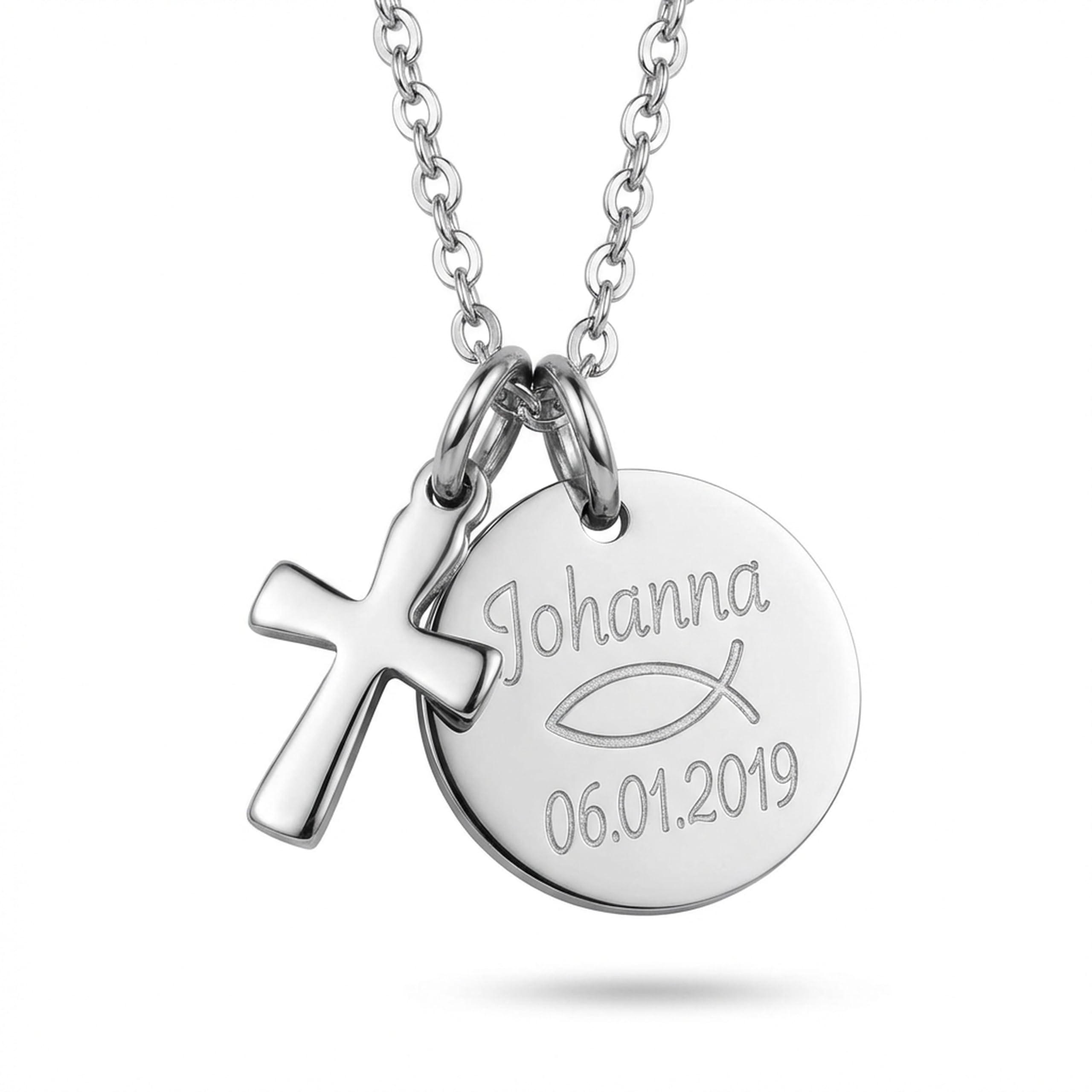 Kamiko Tauf und Kommunionkette für Kinder mit Gravur, personalisierter Anhänger, silberfarben Edelstahl, mit oder ohne Kreuz