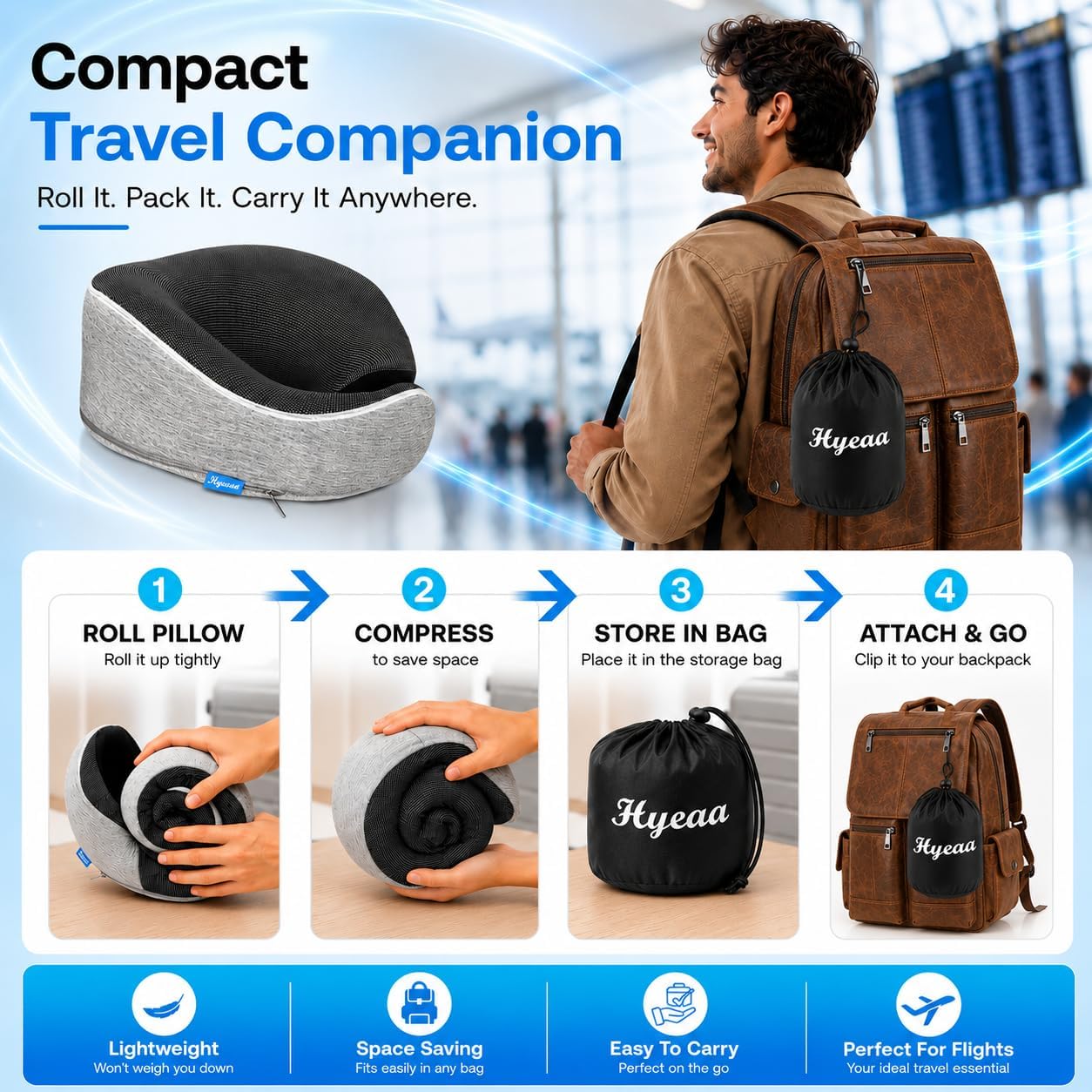 Travel Pillow for Airplanes, Memory Foam Neck Pillow with 360° Support, Travel Neck Pillow for Flying, Airplane Travel Essentials, Portable Travel Pillow, (Light Grey)