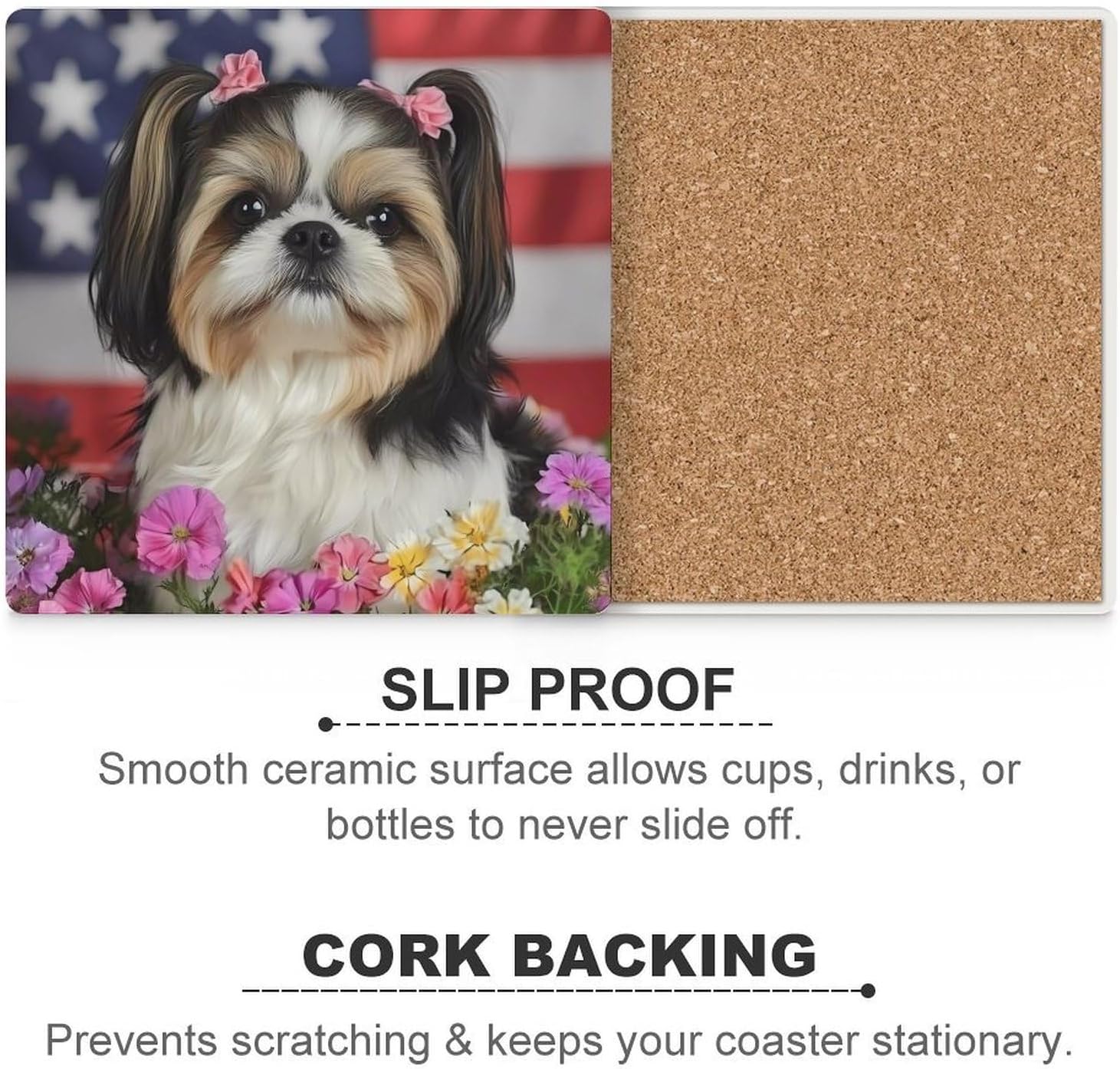 Shih Tzu Dog and Flowers Coasters for Drinks Square Ceramic Coasters Cup Mats with Cork Base