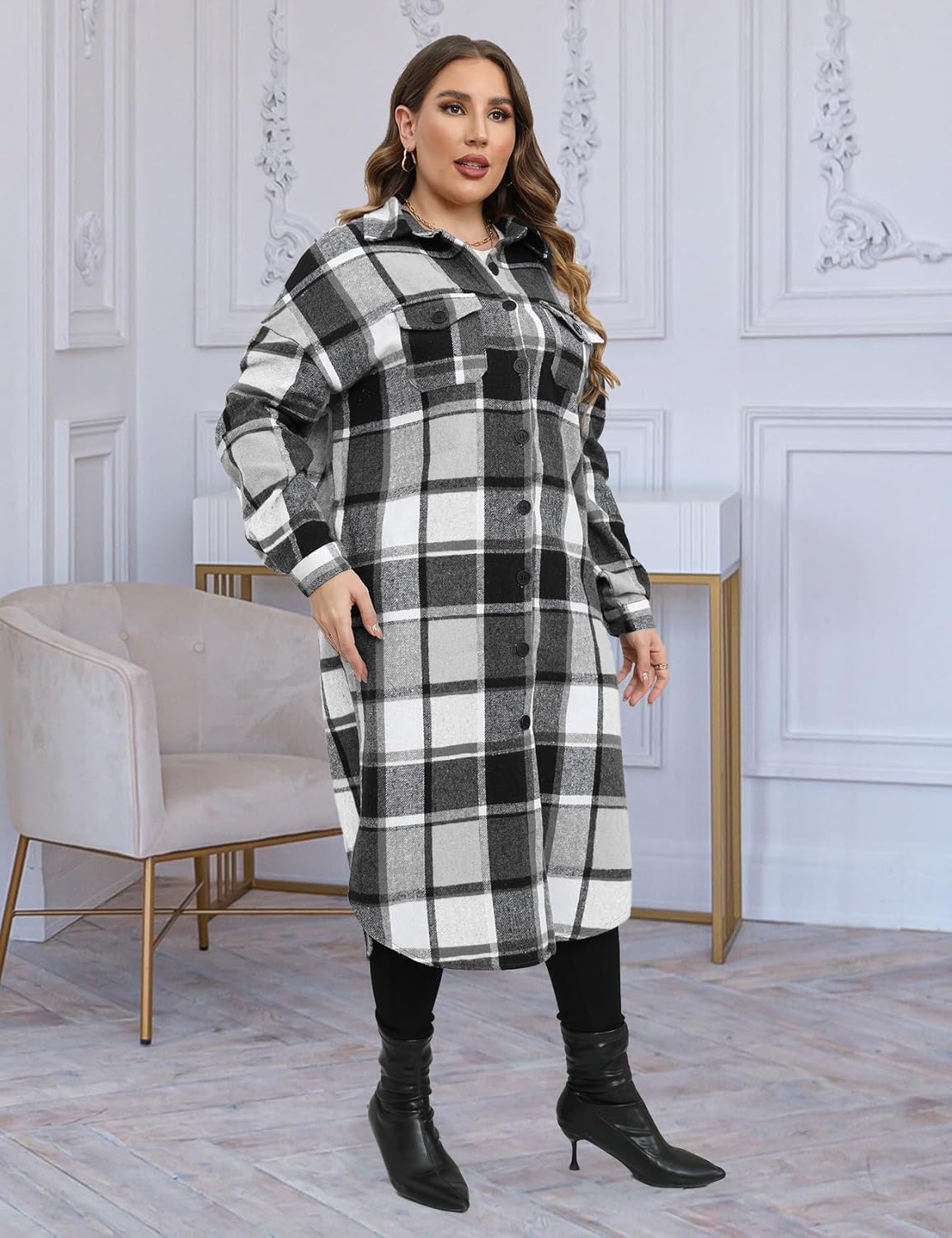 CYCLAMEN 2024 Women's Plus Size 1X-5X Long Flannel Plaid Shacket Jacket Calf-Length Button Down Coat Shirt Pocket Fall Winter - Image 6