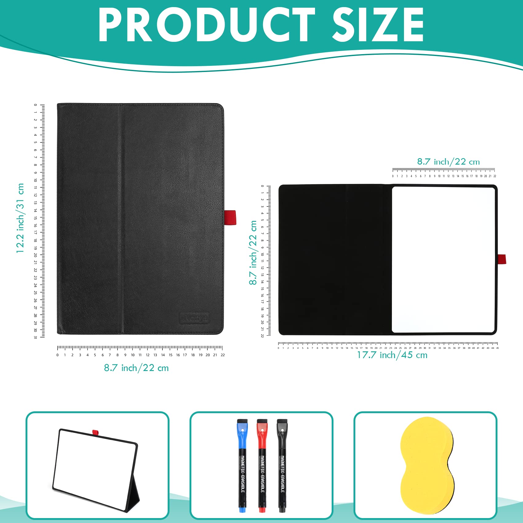 Tragbare 31cm x 22cm kleine Whiteboard, magnetisches Trockenlöschbrett mit 3 Markern, Radiergummi & stilvollem rotem elastischen Stifthalter für Geschäft, Bildung & Zuhause