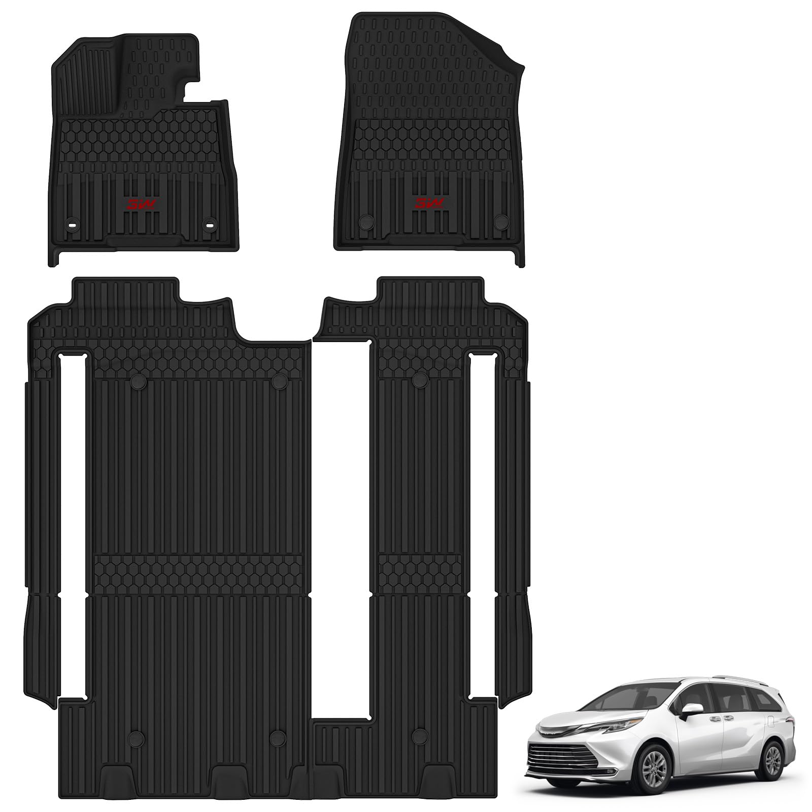 3W Floor Mats for Toyota Sienna 2021-2026 LE/XLE (Only for 8 Seat), TPE All Weather Custom Fit Floor Liner for Sienna Accessories 1st, 2nd and 3rd Row