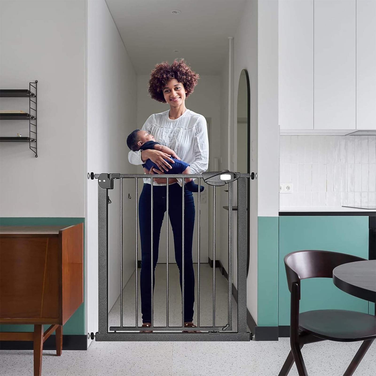 Aufun Rejilla protectora para escaleras, para niños, 180°, rejilla de apertura bidireccional, 95-105 cm de ancho, sin taladrar, rejilla de metal para niños pequeños, color negro