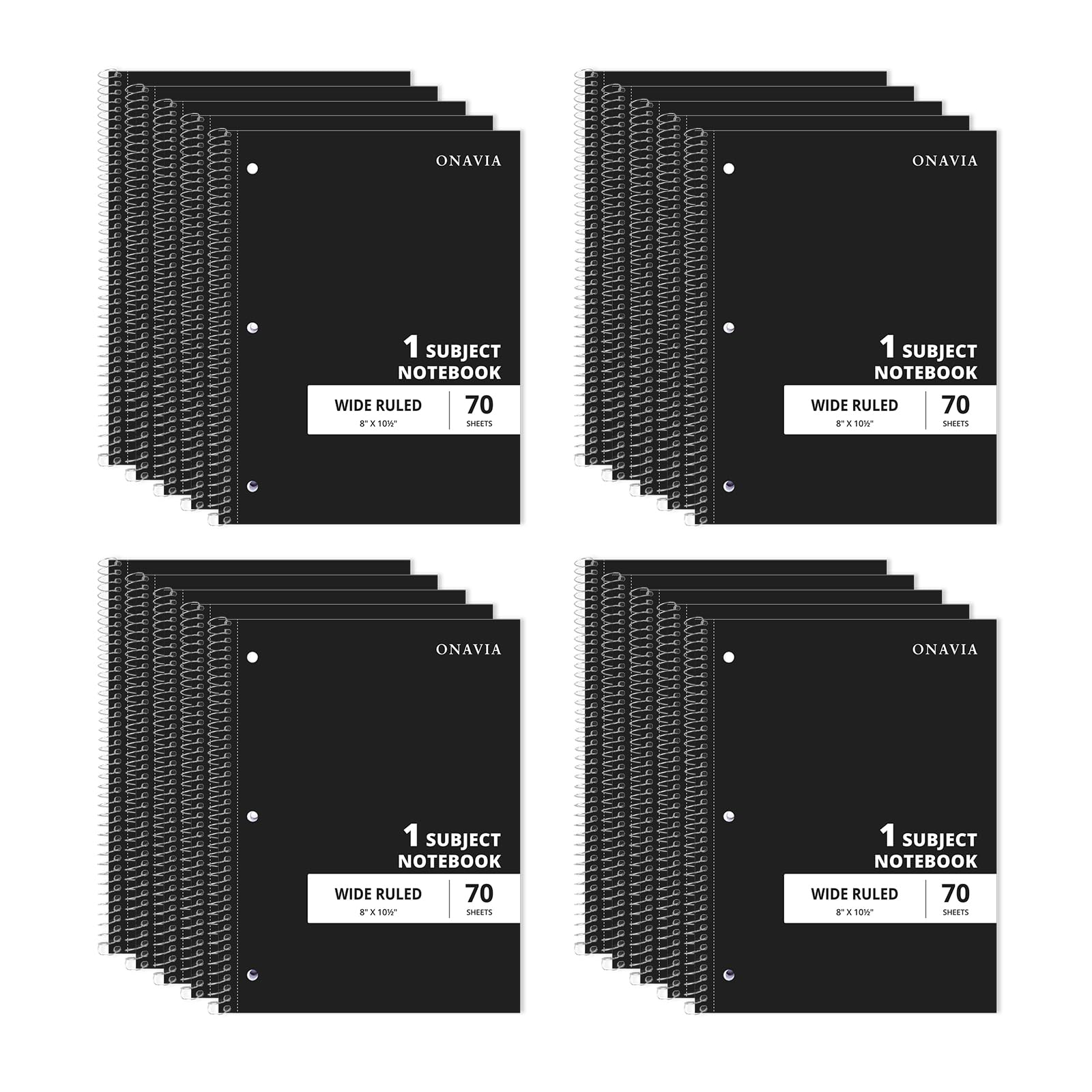 ONAVIA Quaderno a spirale per soggetto, confezione da 20, a righe larghe, 7,5 x 10,5, 70 fogli ciascuno, 1 soggetto, per esigenze scolastiche, colore nero