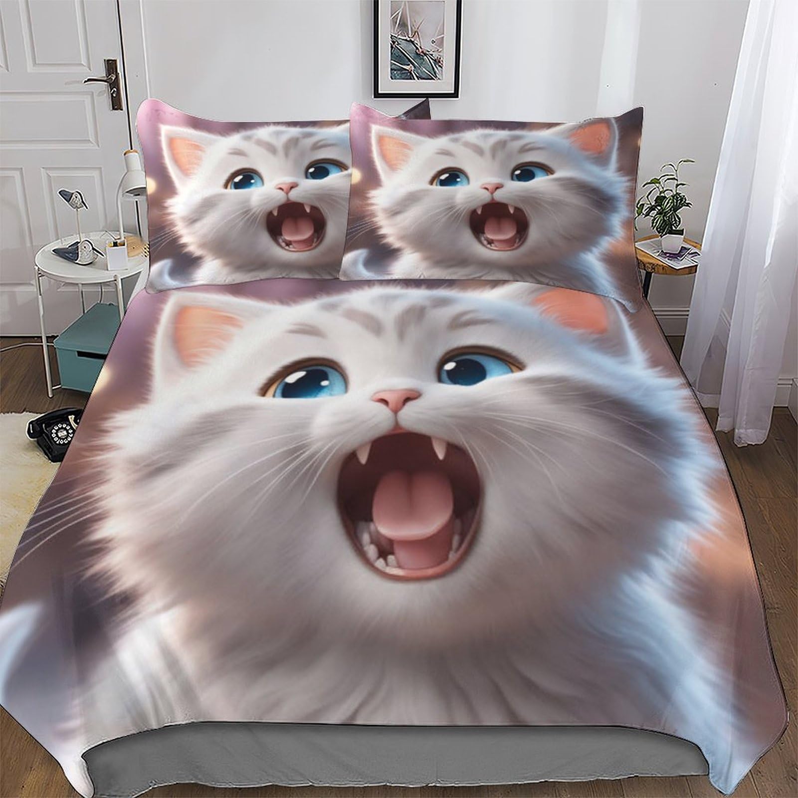 Housse de couette chat 3D parure de lit microfibre pour chambre