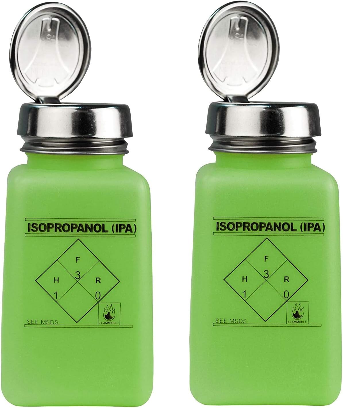 Menda 35275 durAstatic HDPE ESD Safe One-Touch Pump Dissipative Bottle, IPA Printed, Green, 6 oz Volume (Twо Pаck)