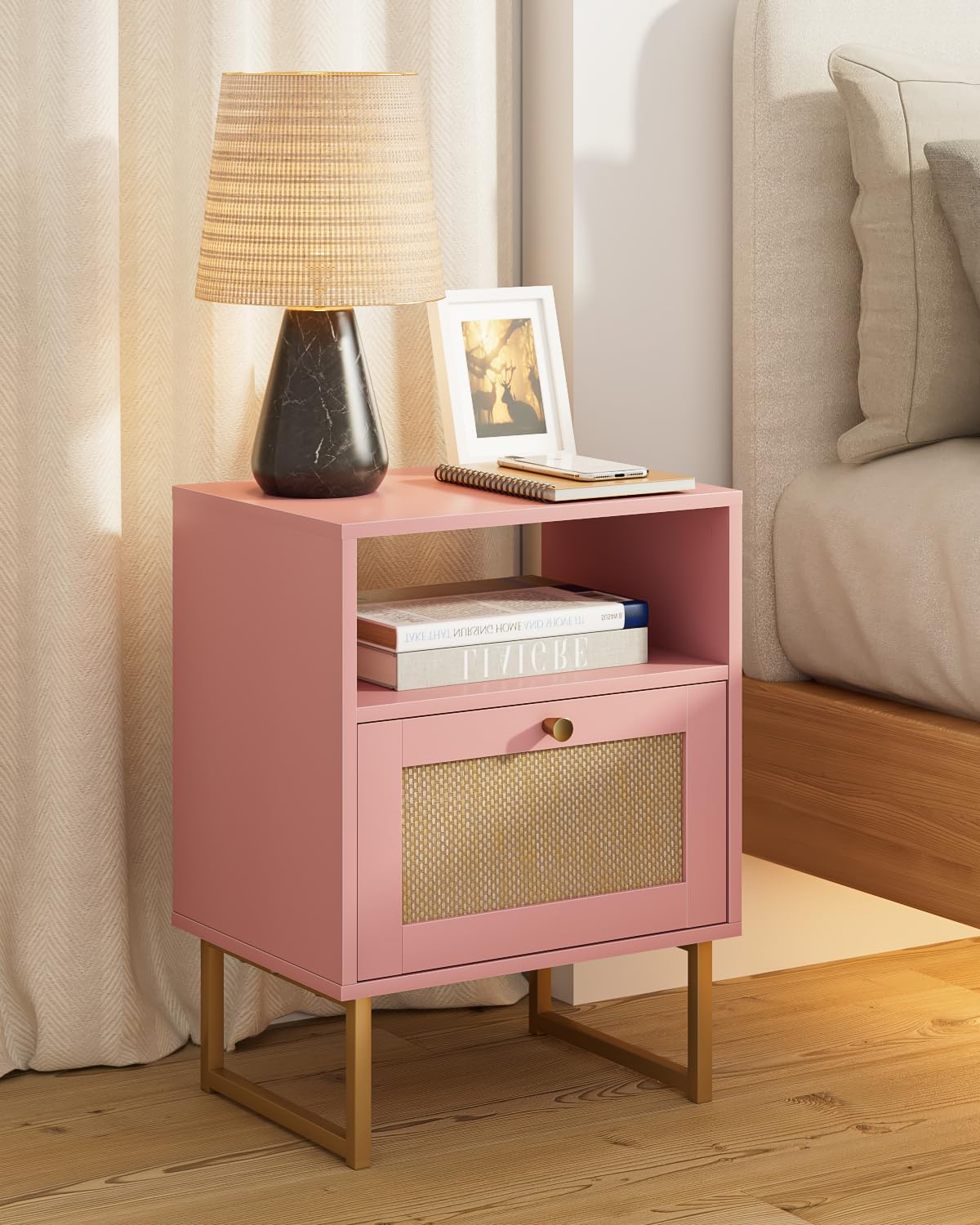 HEYZOEY Rattan Bedside Table,Modern Boho Farmhouse Wood Nightstand with Storage Drawer and Open Shelf,Small Gold Frame Side Table for Bedroom,Living Room,Office(Pink)
