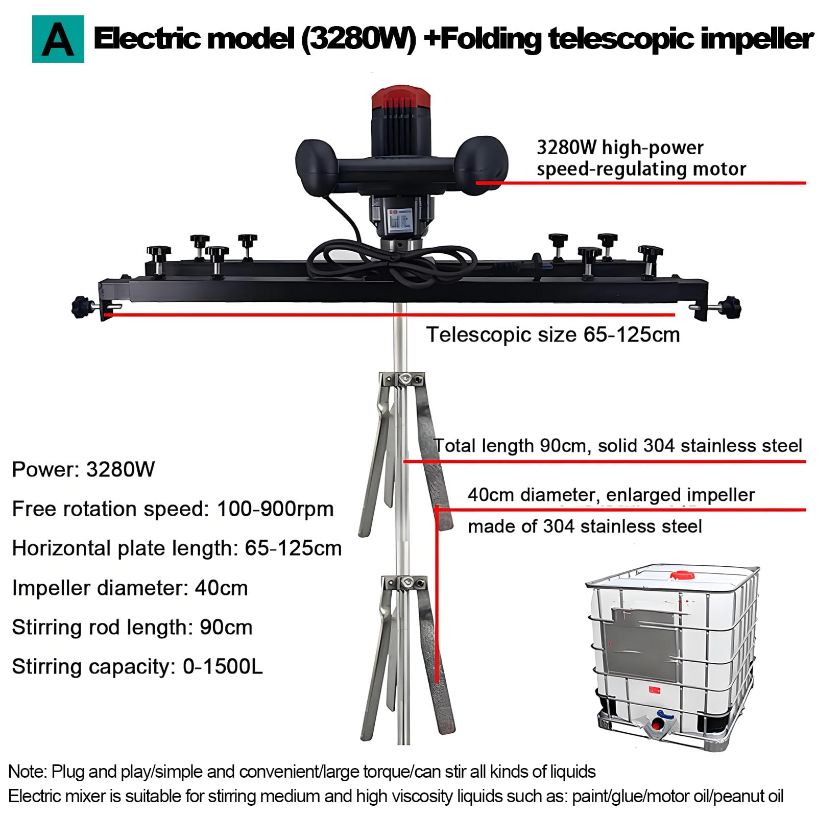 Mezclador Profesional De Pintura 1 Tonelada,3280w,Soporte Ajustable, Hélice Plegable,Rango Telescópico 70-120cm para Tanques IBC Y Contenedores Industriales A