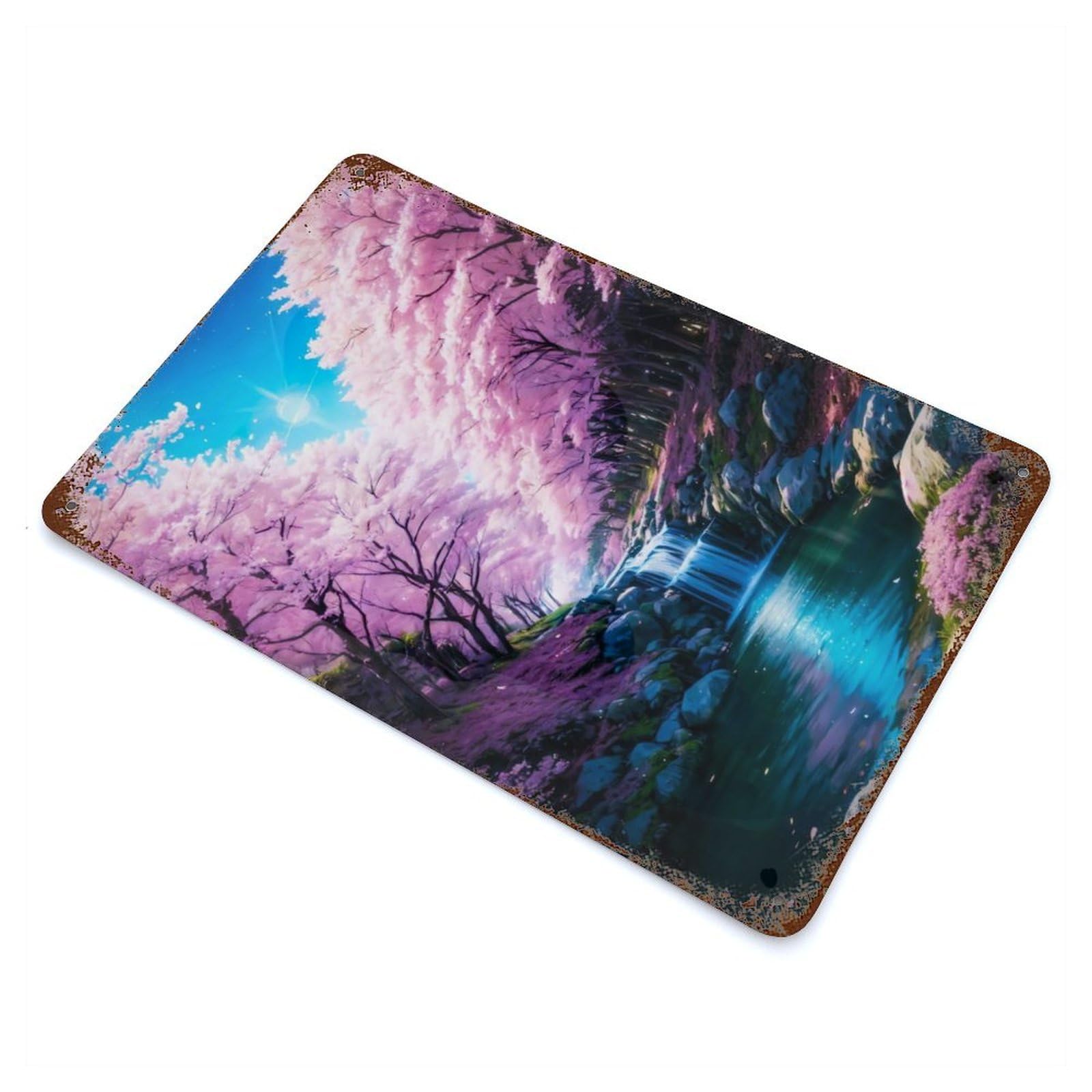 Japan Cherry Blossom River Decorative Tin Sign 11.8"x7.9", Ideal for Basement, Hobby Room And Garage Decor