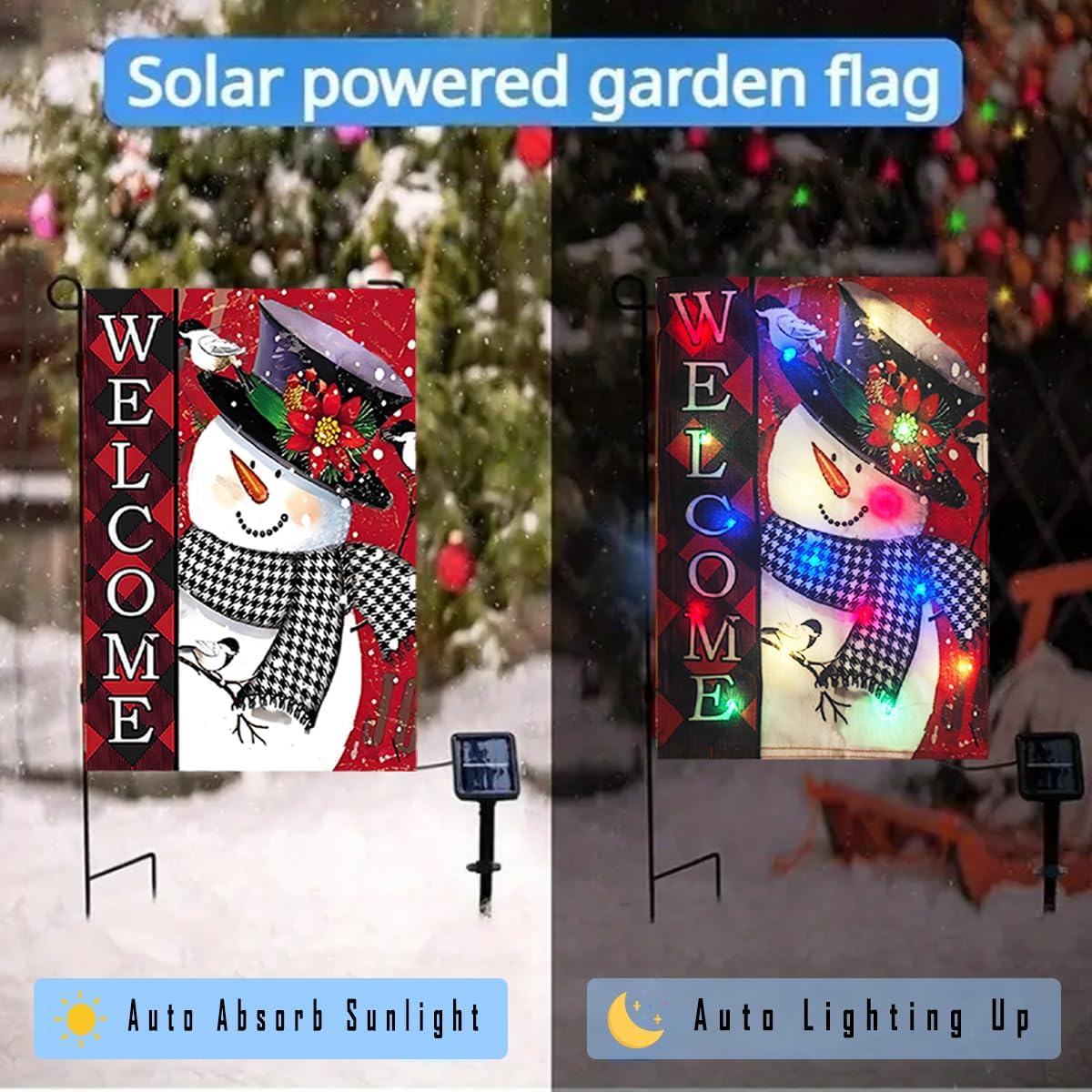 Solar Christmas Flag Light-Welcome Snowman Double-Sided Snowflake Garden Yard Hanging Flags Decor LED 8 Lighting Modes for Porch Outdoor Winter - Image 3