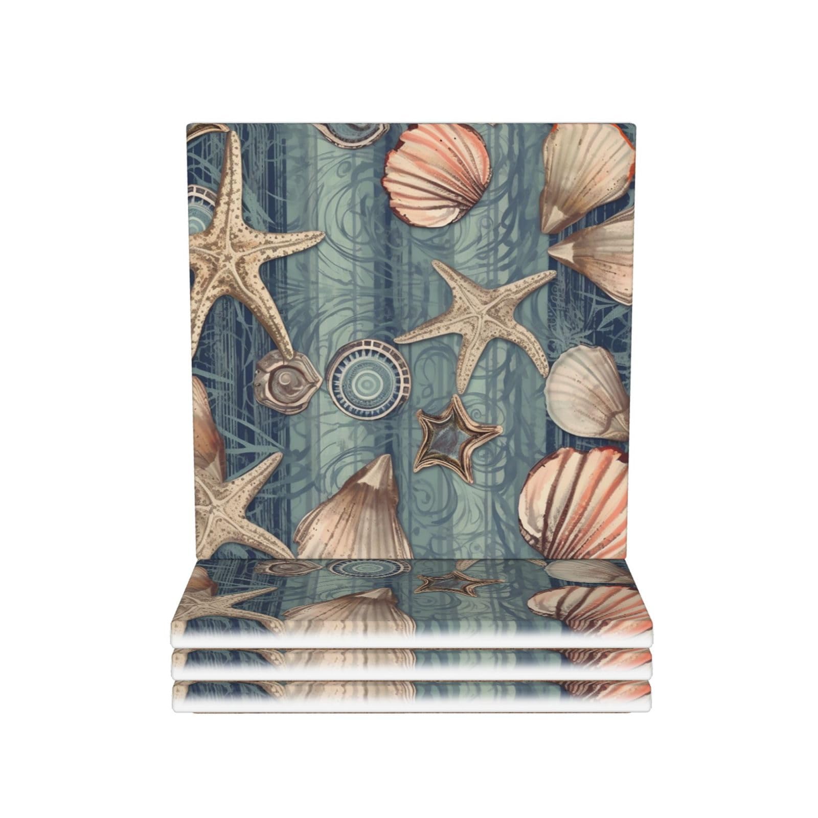 Beach Shell Ceramic Coaster Set of 4 Absorbent Drink Coasters for Tabletop Protection,Round Cup Coasters Office,Kitchen for Hot Or Cold Drink Suitable for Kinds of Cups