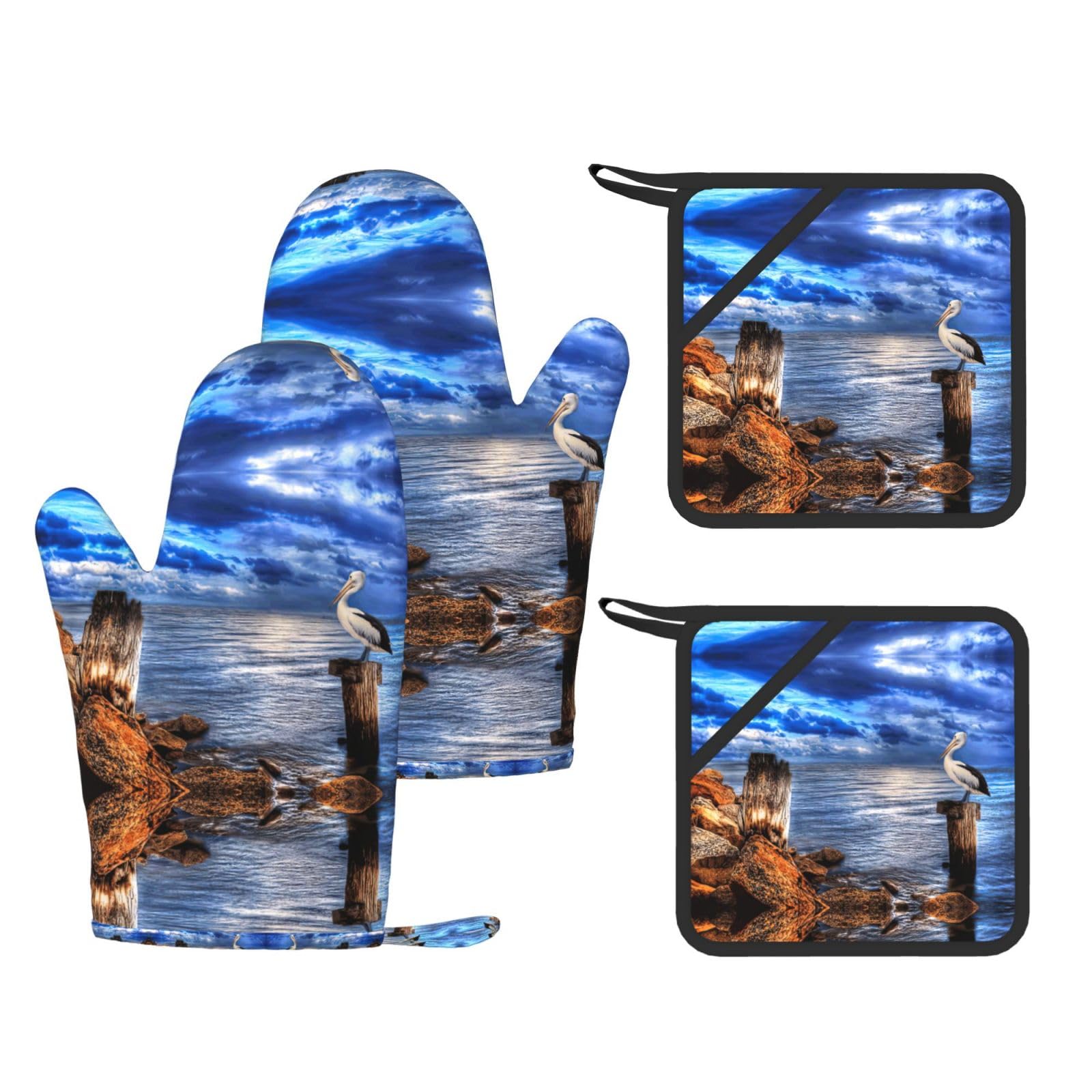 Pelican Birds Blue Sea Sky Printed Cooking Mitts and Pot Holders 4 Pcs, Heat Resistant Oven Gloves with Hanging Loop Chef