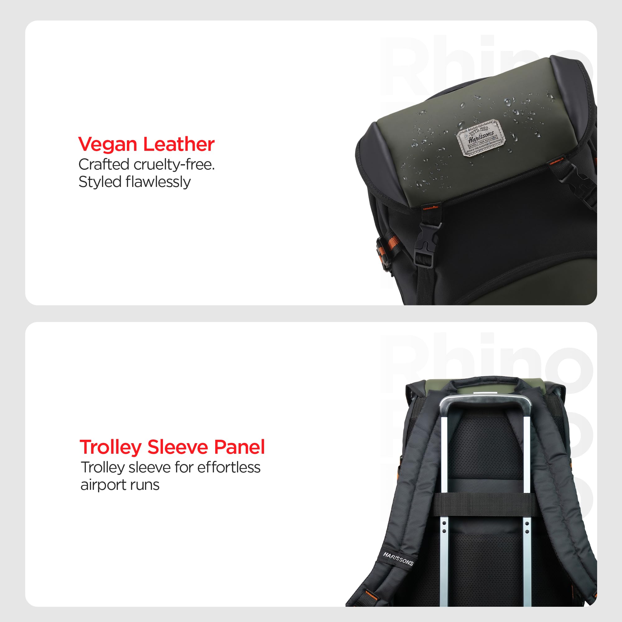 HARISSONS RHINO Laptop Backpack | 30L | Fits 15.6β Laptop | 420D PU-Coated Polyester & Vegan Leather | Office, Commute & Travel | Laptop Protection, Trolley Sleeve, Organizer (Army Green) 4