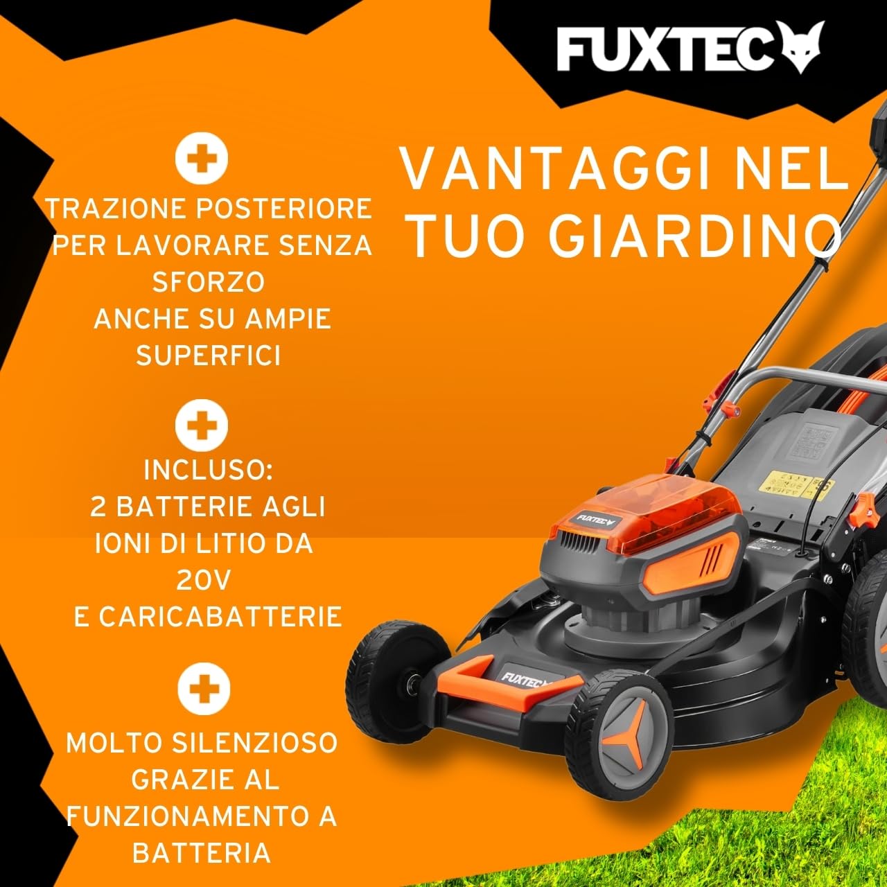 FUXTEC Tagliaerba a batteria 40V (2x20V) E2RM46 semovente, Mulching e Scarico Laterale - Set Batterie 2x4Ah e Caricabatterie - Larghezza di Taglio 46cm, 50L, Altezza di Taglio 25-75mm