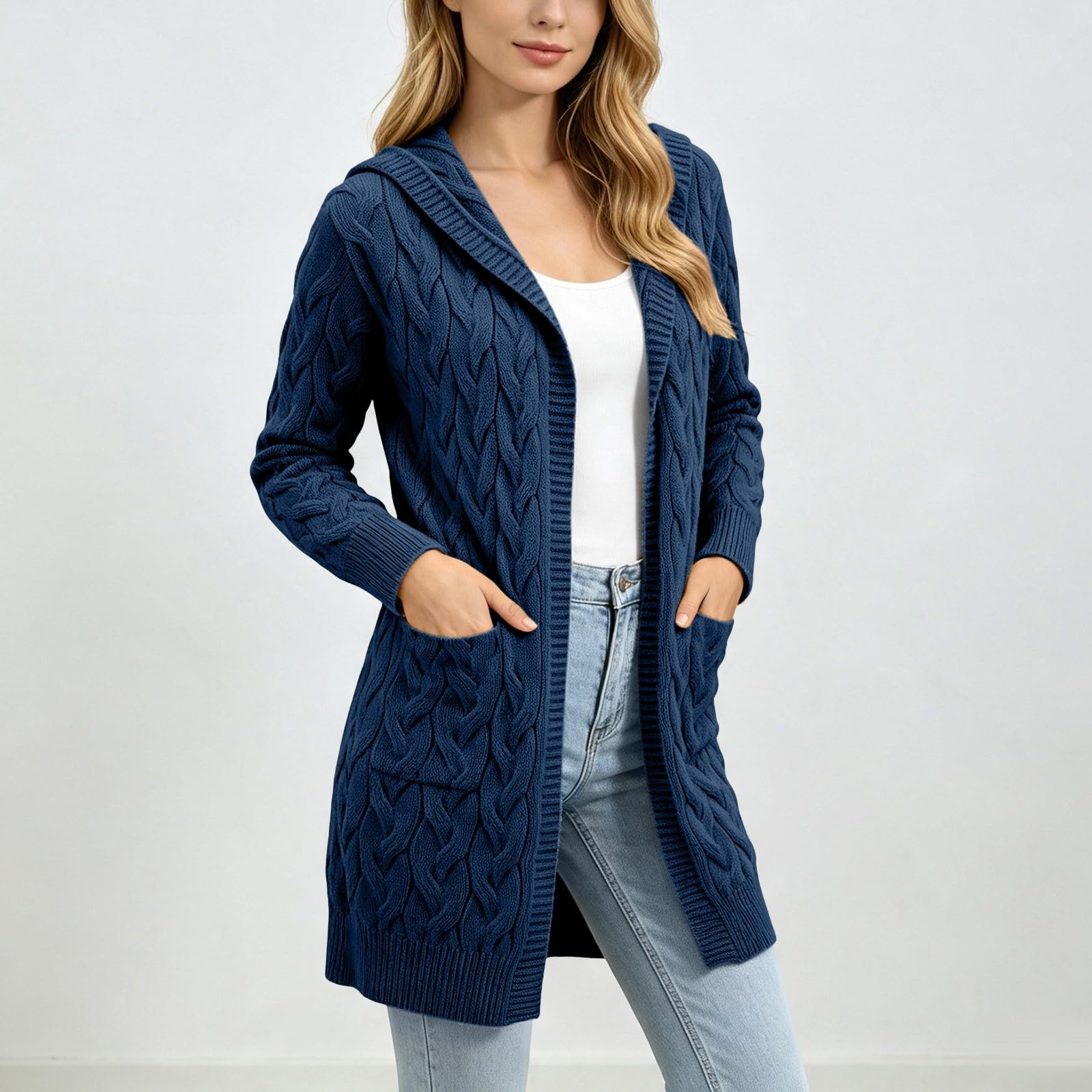 Gilet en Maille pour Femme, Torsades Texturées, Port Ouvert, Coupe Longue