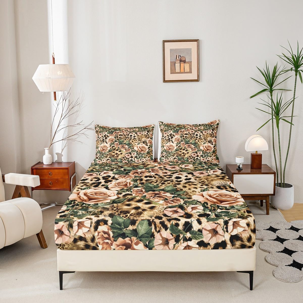 Leopard Print Sheet Set Queen,Cheetah Rose Bedding Set for Kids Teens Girls Adults,Floral Wild Animal Fashion Brown Bed Sheet Set 4pcs with Deep Pocket Fitted Sheet + Flat Sheet + 2 Pillowcases