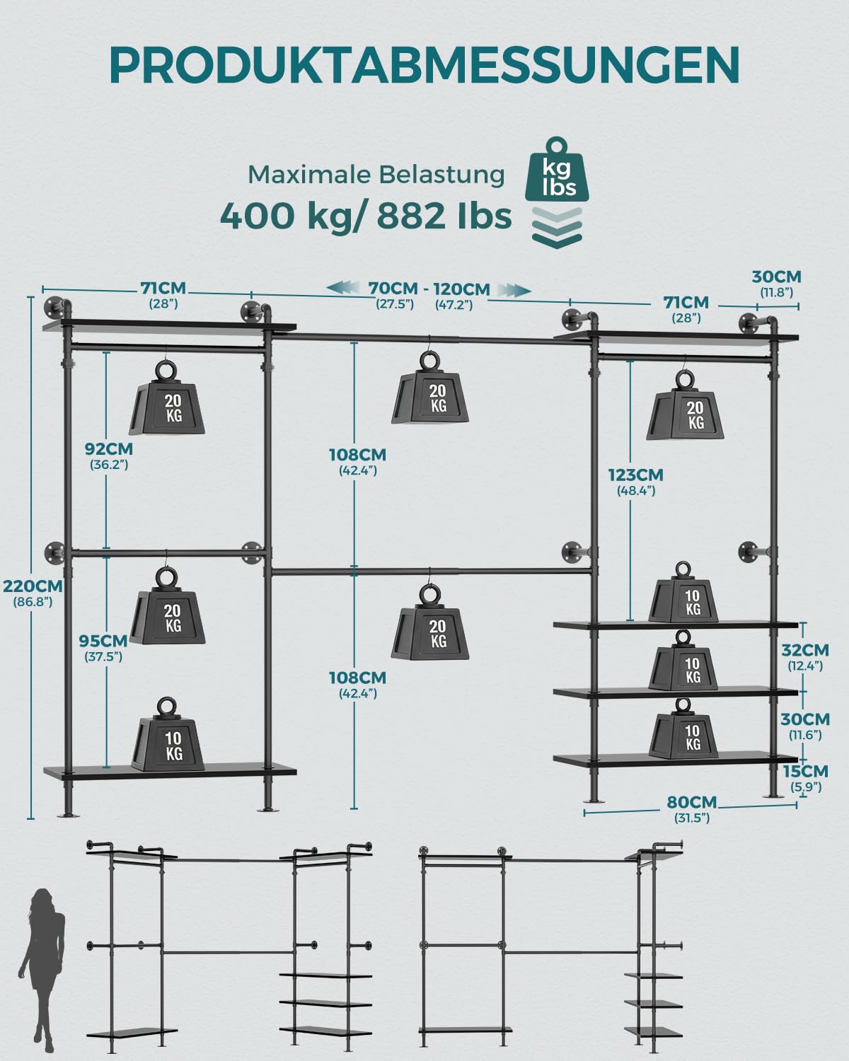 iSunirm Kleiderschrank System Offen – Teleskop Kleiderstange Schwerlast, Begehbarer Kleiderschrank, Flexibel als L-Form oder Gerade, Industrial Pipe Design für Schlafzimmer & Ankleidezimmer
