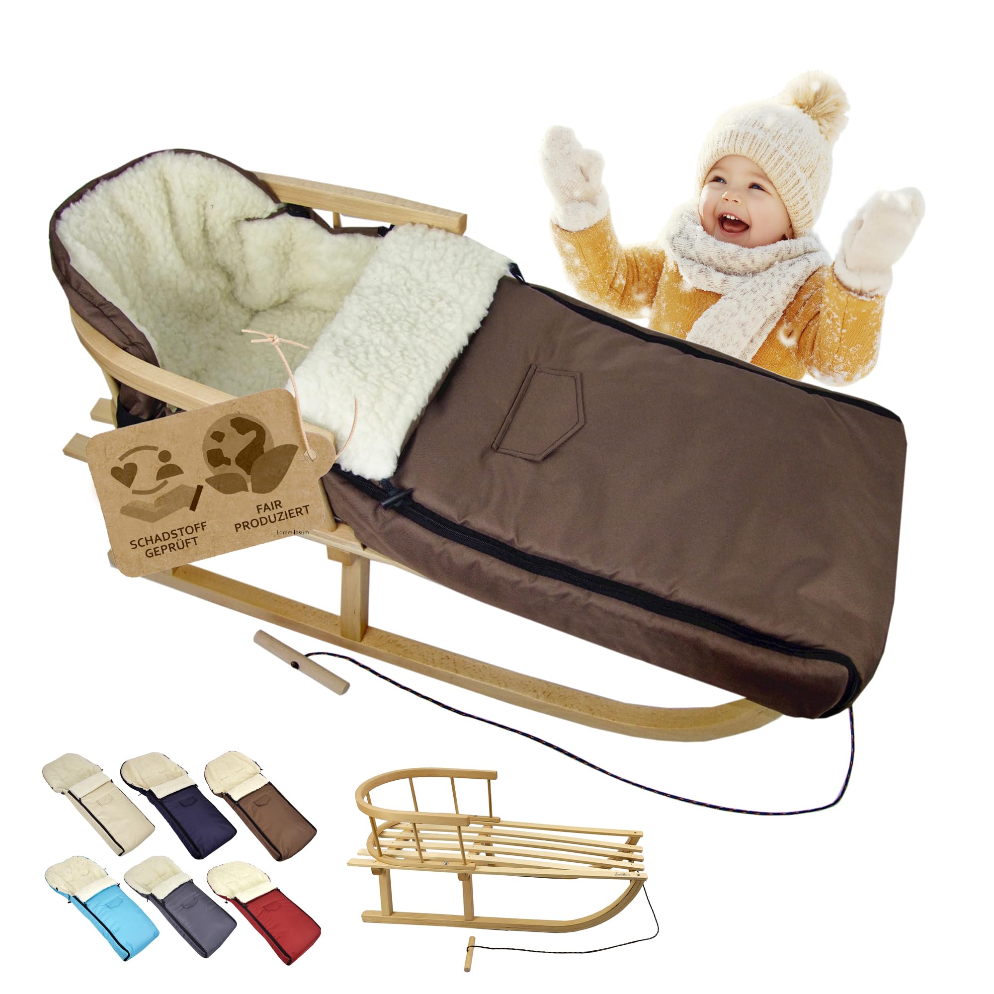 BambiniWelt Luge en bois avec dossier, corde de traction, chancelière d'hiver, 108 cm, laine d'agneau chaude, imperméable, ensemble combiné pour poussette et buggy (marron)
