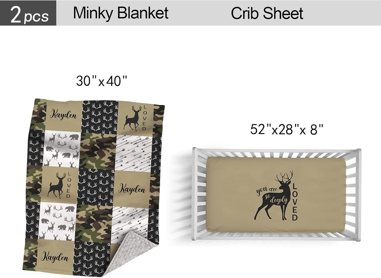 Personalized Crib Bedding Sets for Baby Boys, Custom Baby Boy Crib Bedding Set with Name, Woodland Deer Camo Nursery Bedding, 2 Piece Crib Bedding Set, Name Crib Comforter, Crib Fitted Sheet for Baby
