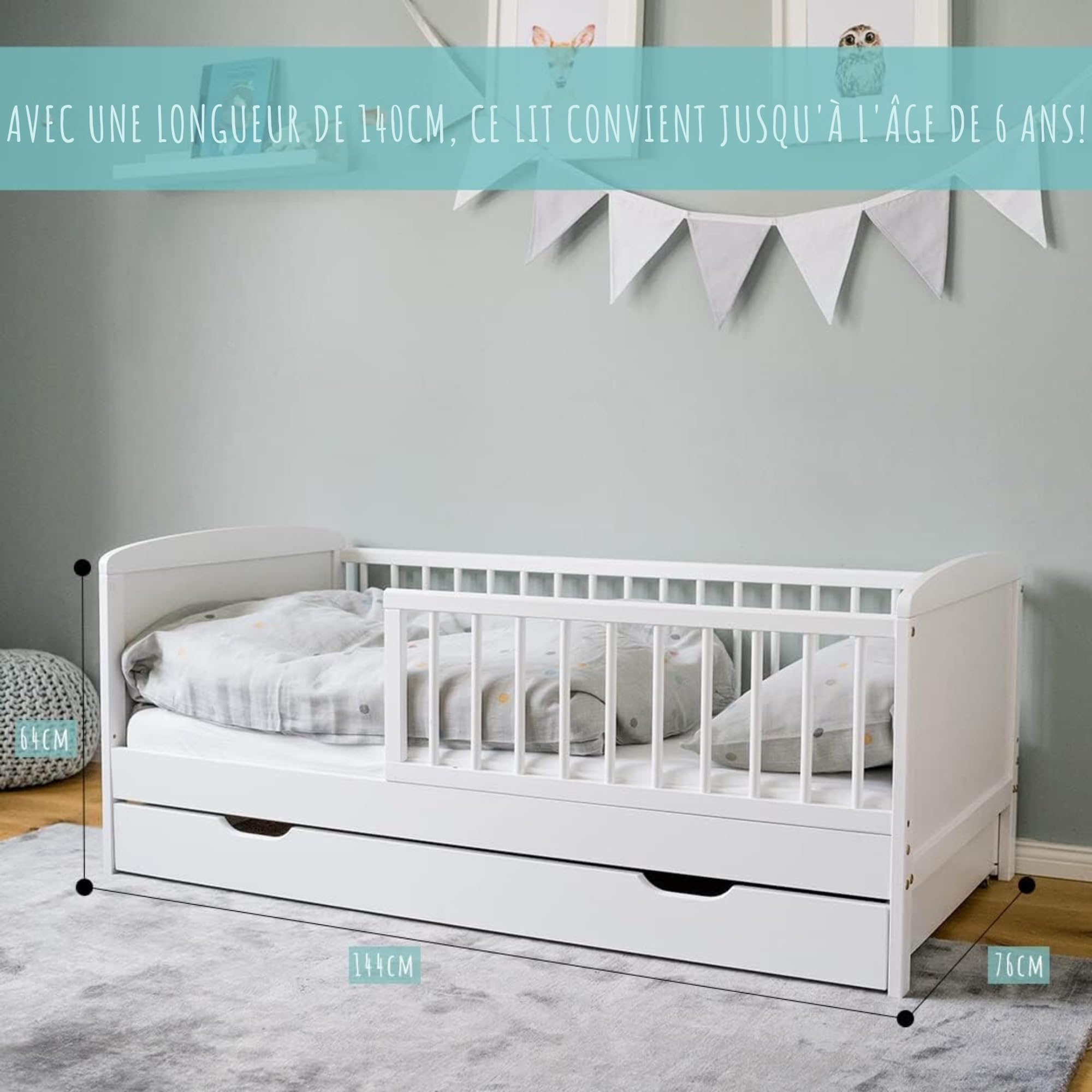 Lit d'enfant 140x70 cm en Bois Massif Blanc avec Matelas, Sommier à Lattes et Tiroir