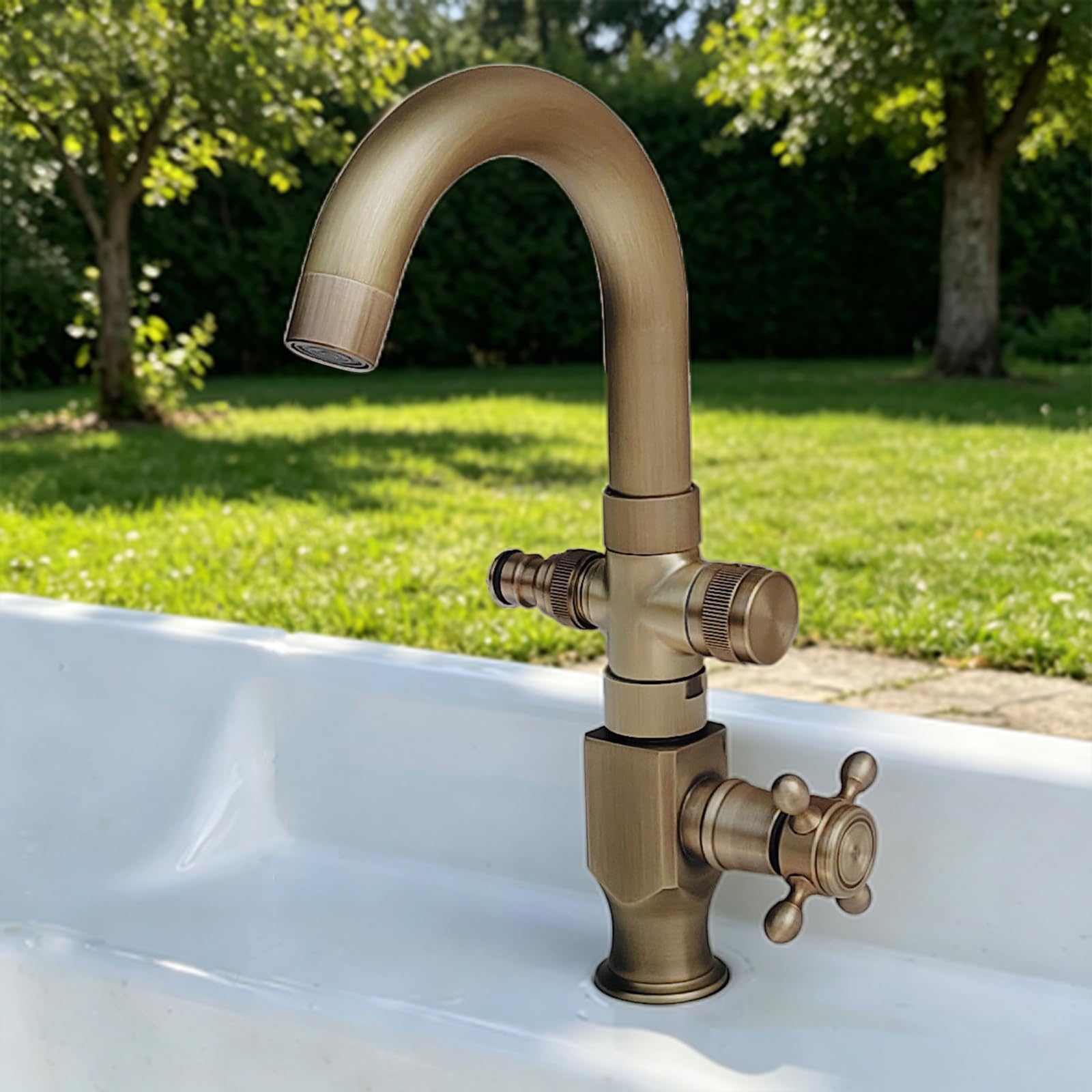 Grifo Doble Salida Lavadora Giratorio De 360° Grifo Exterior Latón Solo Agua Fría con Un Solo Orificio,Antigüedad