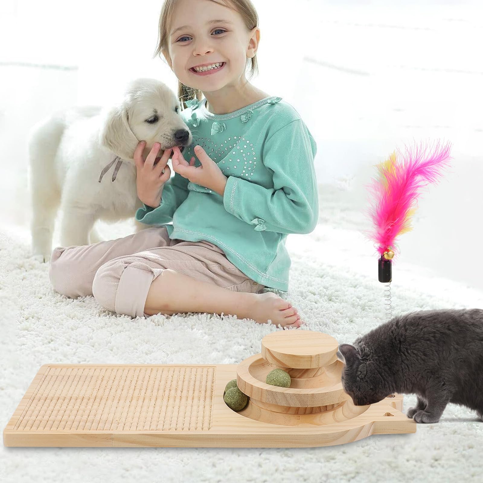 Abaodam Interaktives Katzenspielzeug mit 2 lagigem Drehteller und Trackball Robustes Katzenkratzbrett für Kätzchen und Erwachsene Katzen zur Beschäftigung Zufällige Farbe