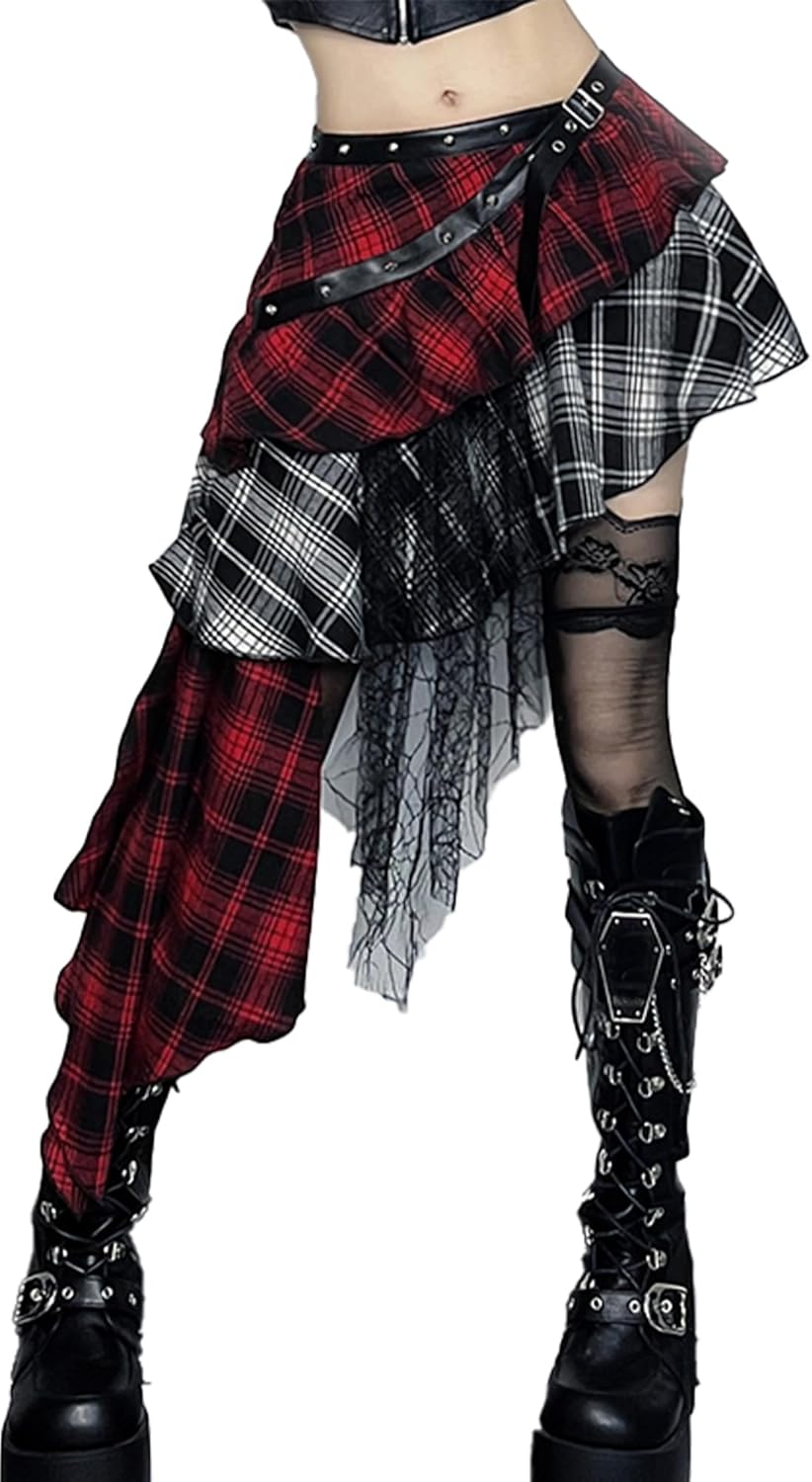 Women's High Waist Mini Skirt Gothic Punk Plaid Skirts Lace-Up Y2k Pleated Skirt