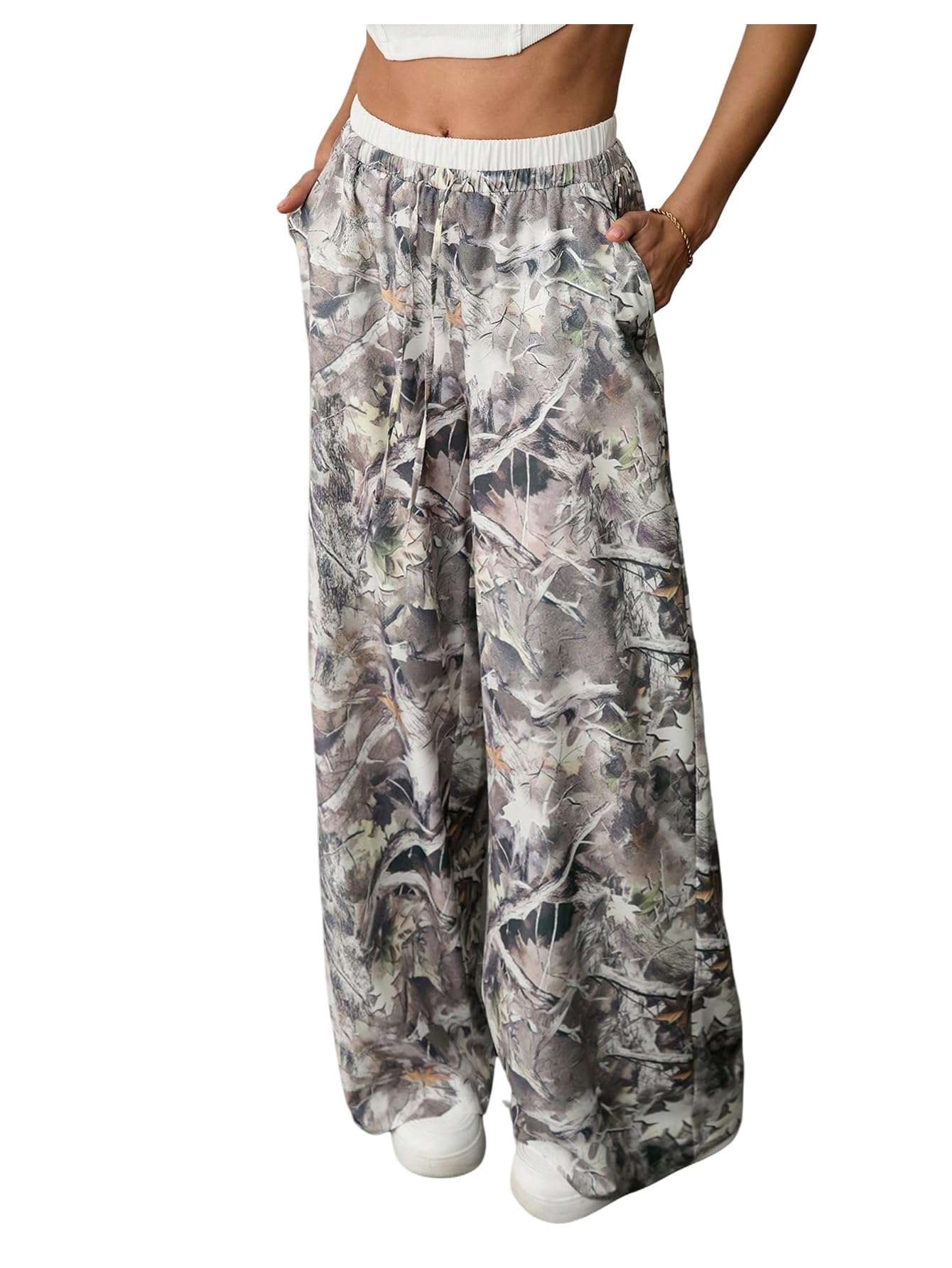 Verdusa Womens Camo Pants Drawstring High Waist Lightweight Wide Leg Baggy Trousers