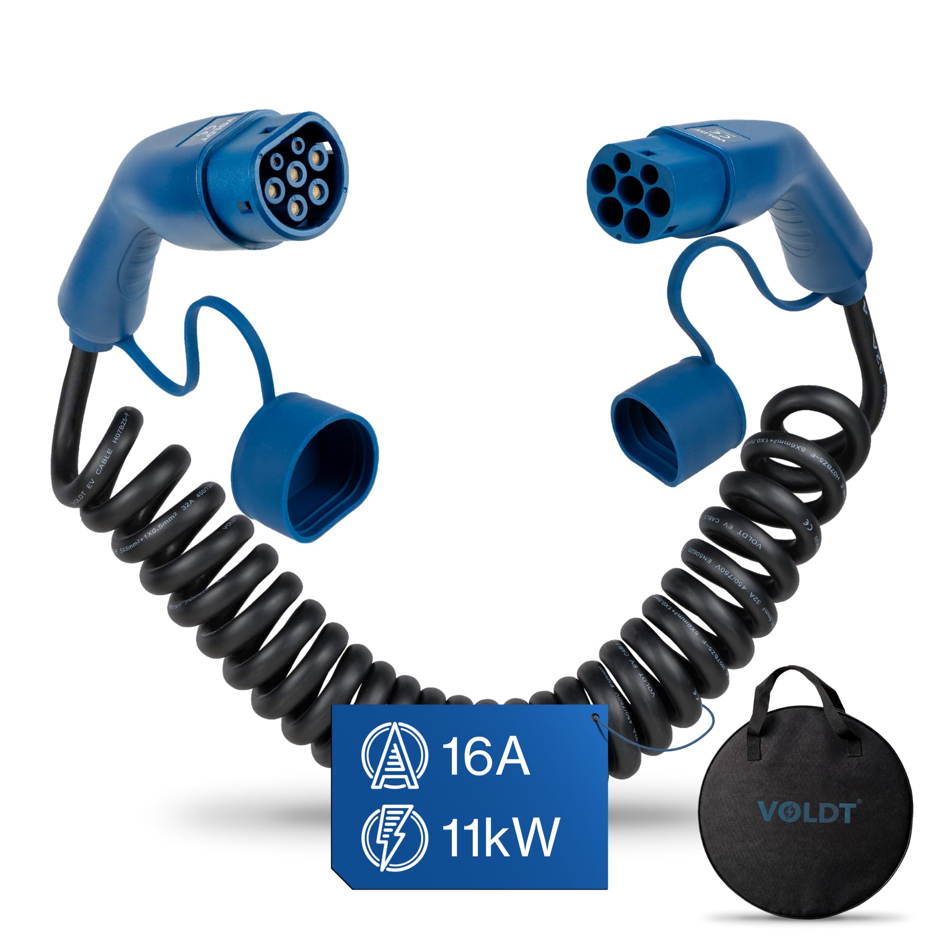 Voldt 2 11 kW 16 A 3-fas espiral de carga de 3 fases para vehículos eléctricos, EV PHEV, tipo 2 a tipo 2 Modo 3, compatible con Tesla Model S/X/Y/3, ID.4, E-Tron, e-208, I4, IX1, Zoe, IP67