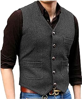 SOLOVEDRESS Mens Vintage Tweed Suit Vest V Neck Casual Wool Waistcoat for Wedding Groomsmen
