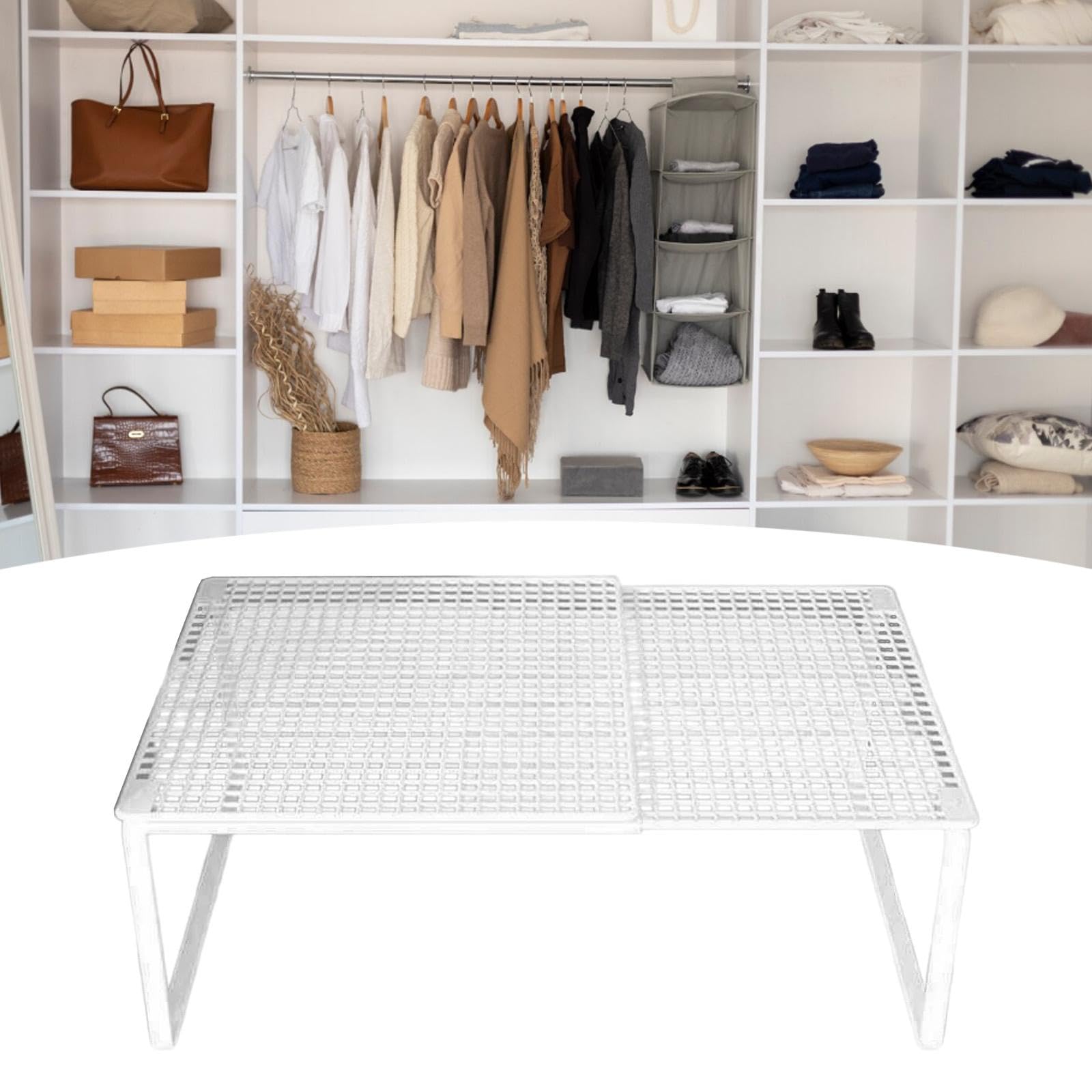 Étagère de Rangement Extensible, Organiseur d'armoire en Métal, Étagère de Placard Extensible, Support de Rangement Réglable pour Bureau, Cuisine, Garde-Manger, Blanc 38 à 62 Cm