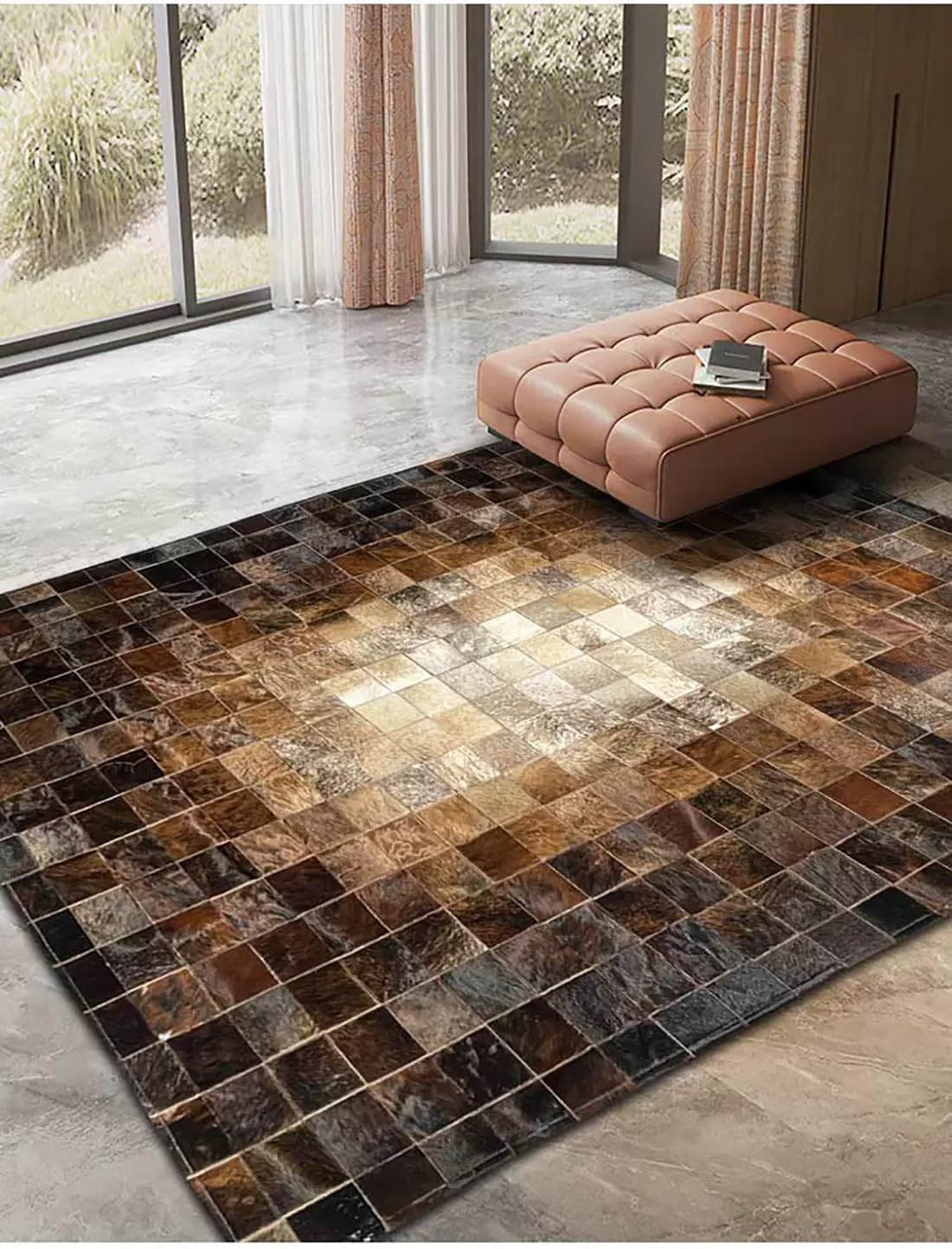 R&RENXIA Tapis en Peau de Vache Patchwork brésilien - Tapis pour Chambre, Salon, Salle à Manger, Cuisine, Bureau - 90×120cm