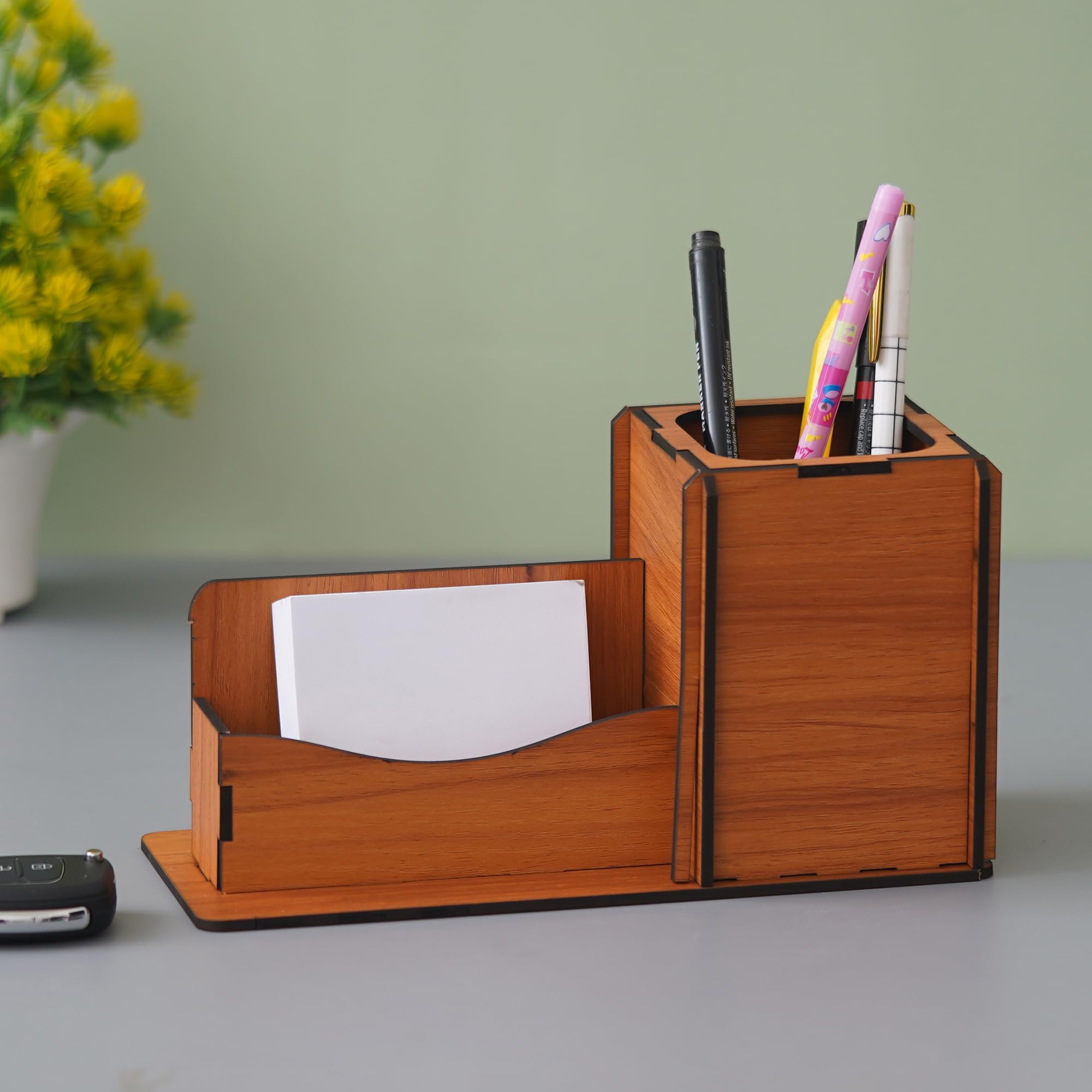 Webelkart Portapenne in legno con porta biglietti da visita e supporto mobile per la casa e l'ufficio porta accessori di cancelleria (22,9 x 12,7 cm)